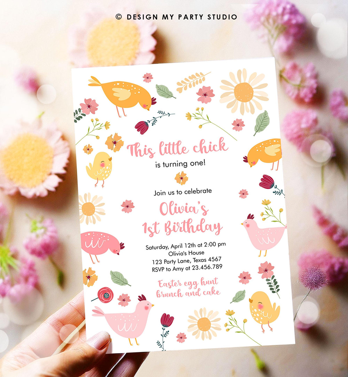 Editable Little Chick Birthday Invitation Girl Spring Birthday Party Farm Barnyard Chicken Easter Digital Download Template Printable 0446