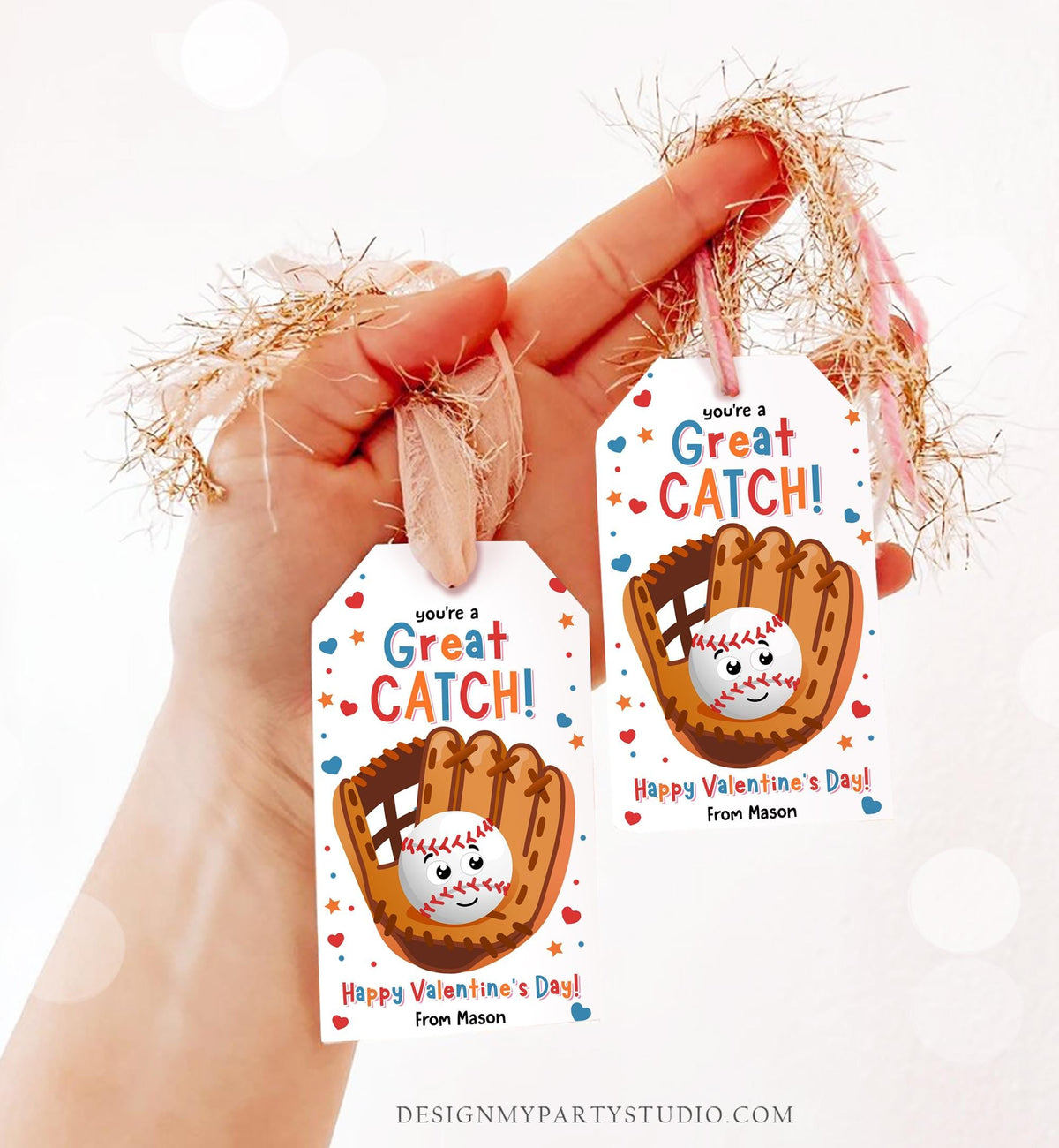 Editable You&#39;re a Great Catch Valentines Day Gift Tag American Baseball Ball Glove Bat Card Kids School Classroom Template Printable 0370