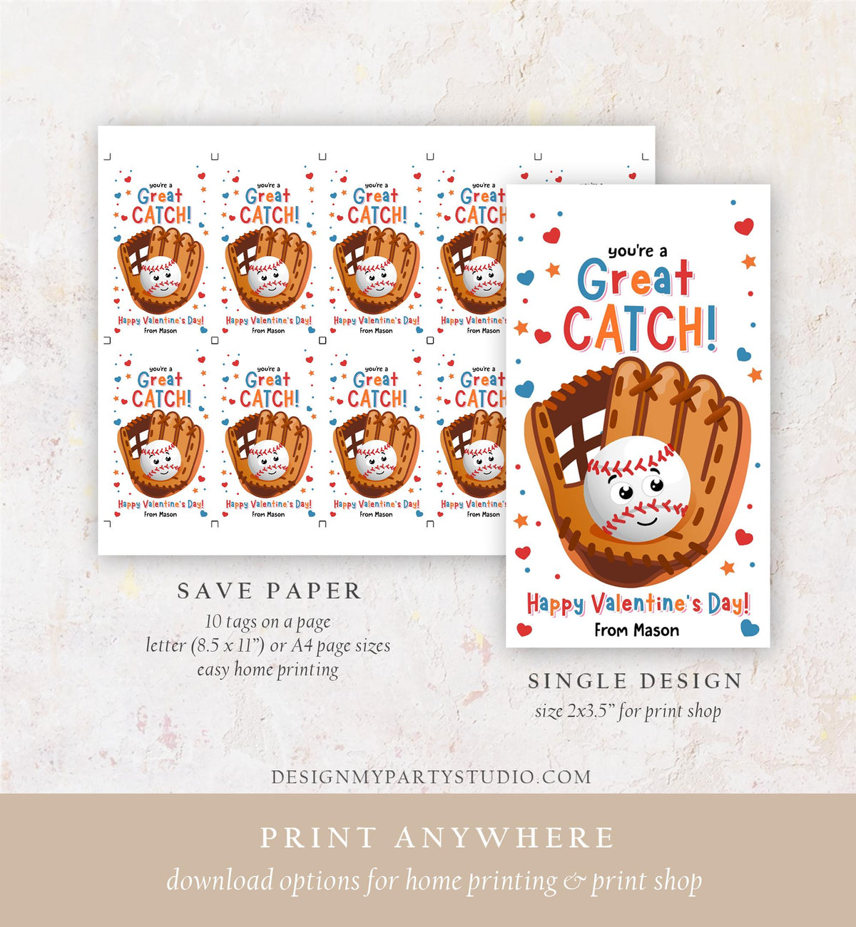 Editable You&#39;re a Great Catch Valentines Day Gift Tag American Baseball Ball Glove Bat Card Kids School Classroom Template Printable 0370