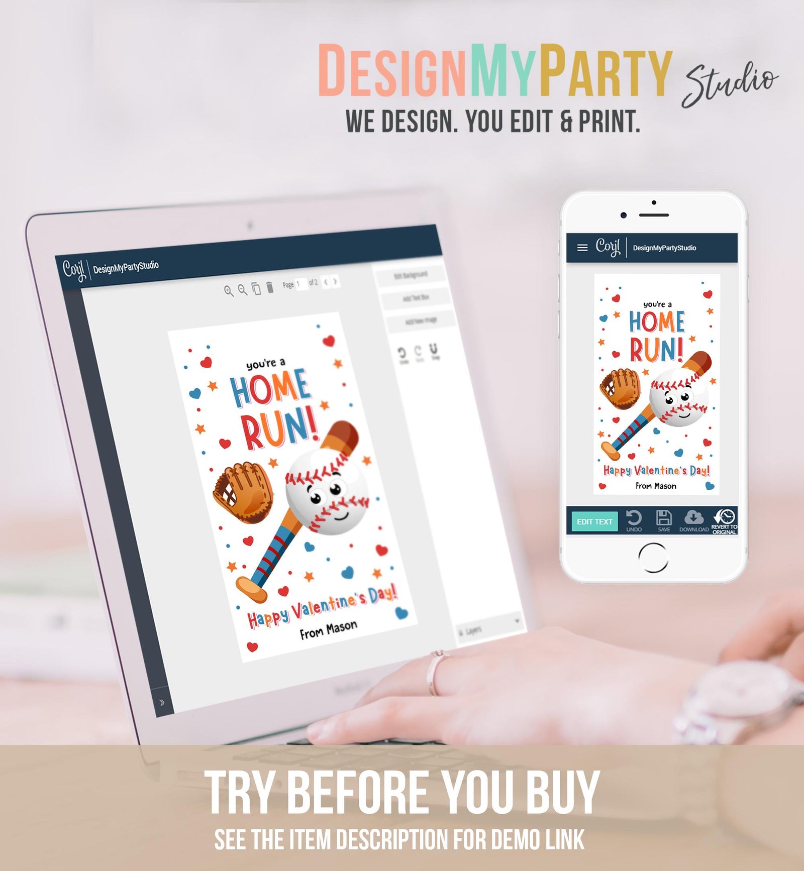 Editable You're a Home Run Valentines Day Gift Tag American Baseball Ball Glove Bat Card Kids School Classroom Template Printable 0370