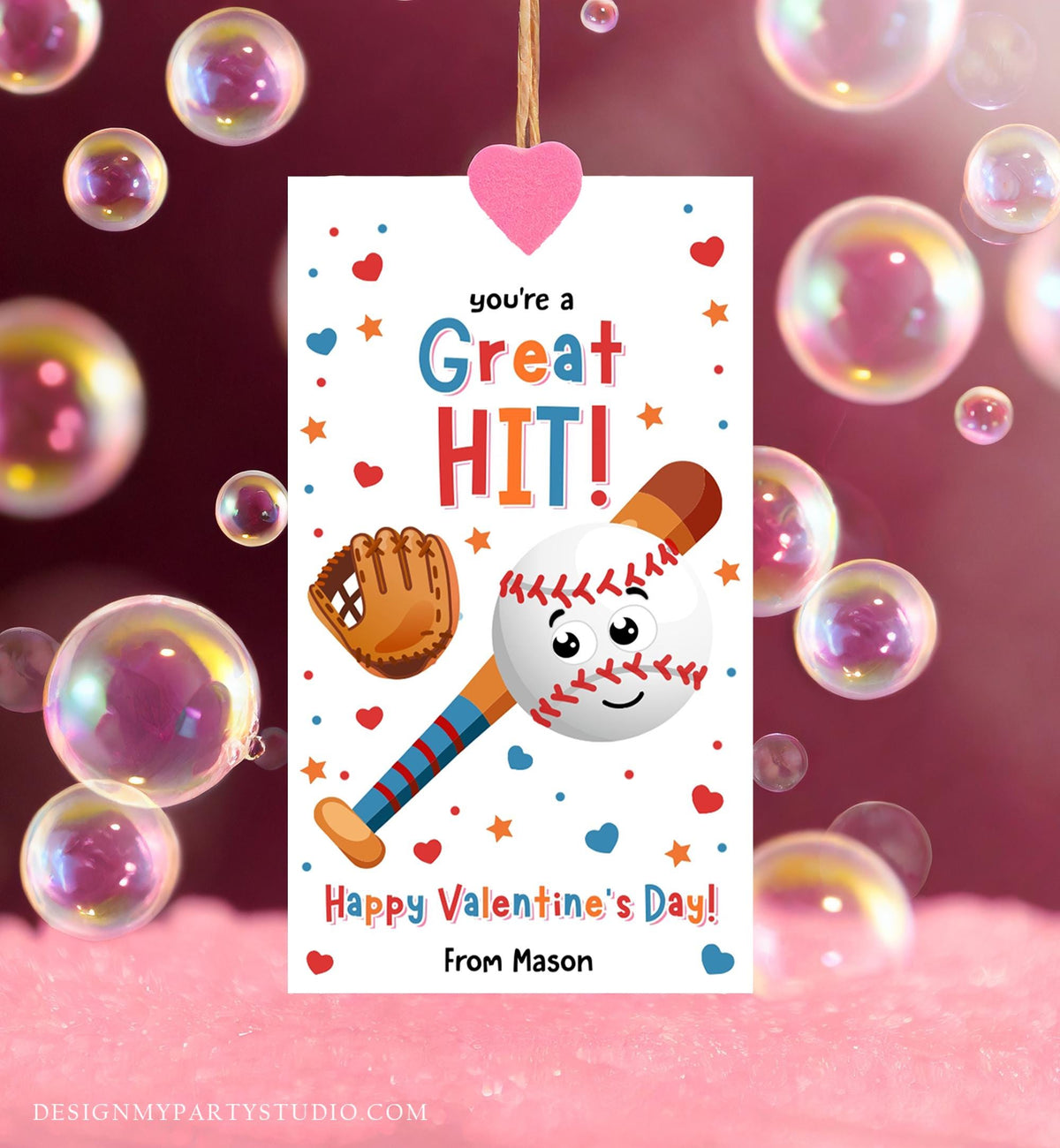 Editable You&#39;re a Great Hit Valentines Day Gift Tag American Baseball Ball Glove Bat Card Kids School Classroom Template Printable 0370