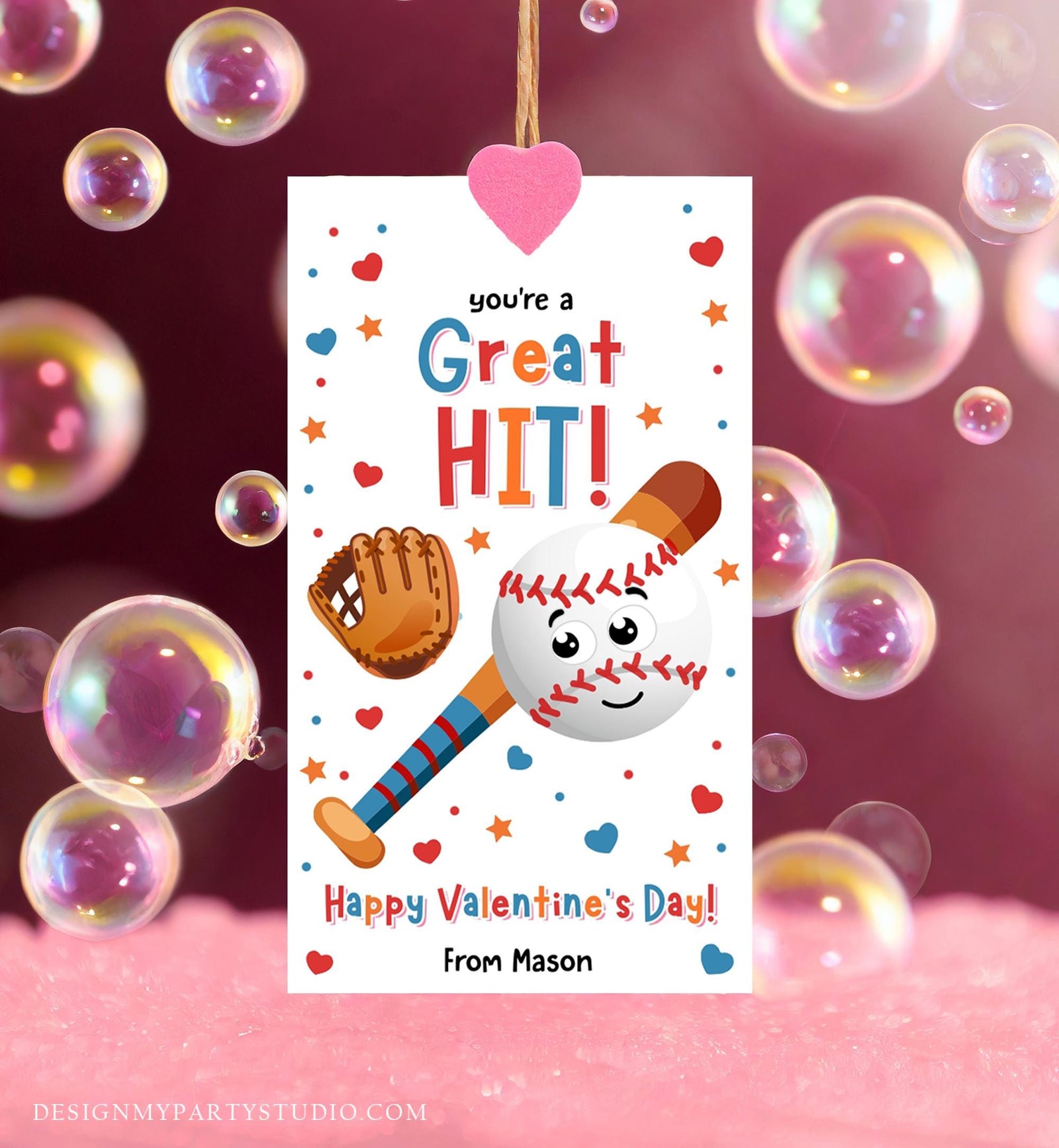 Editable You're a Great Hit Valentines Day Gift Tag American Baseball Ball Glove Bat Card Kids School Classroom Template Printable 0370