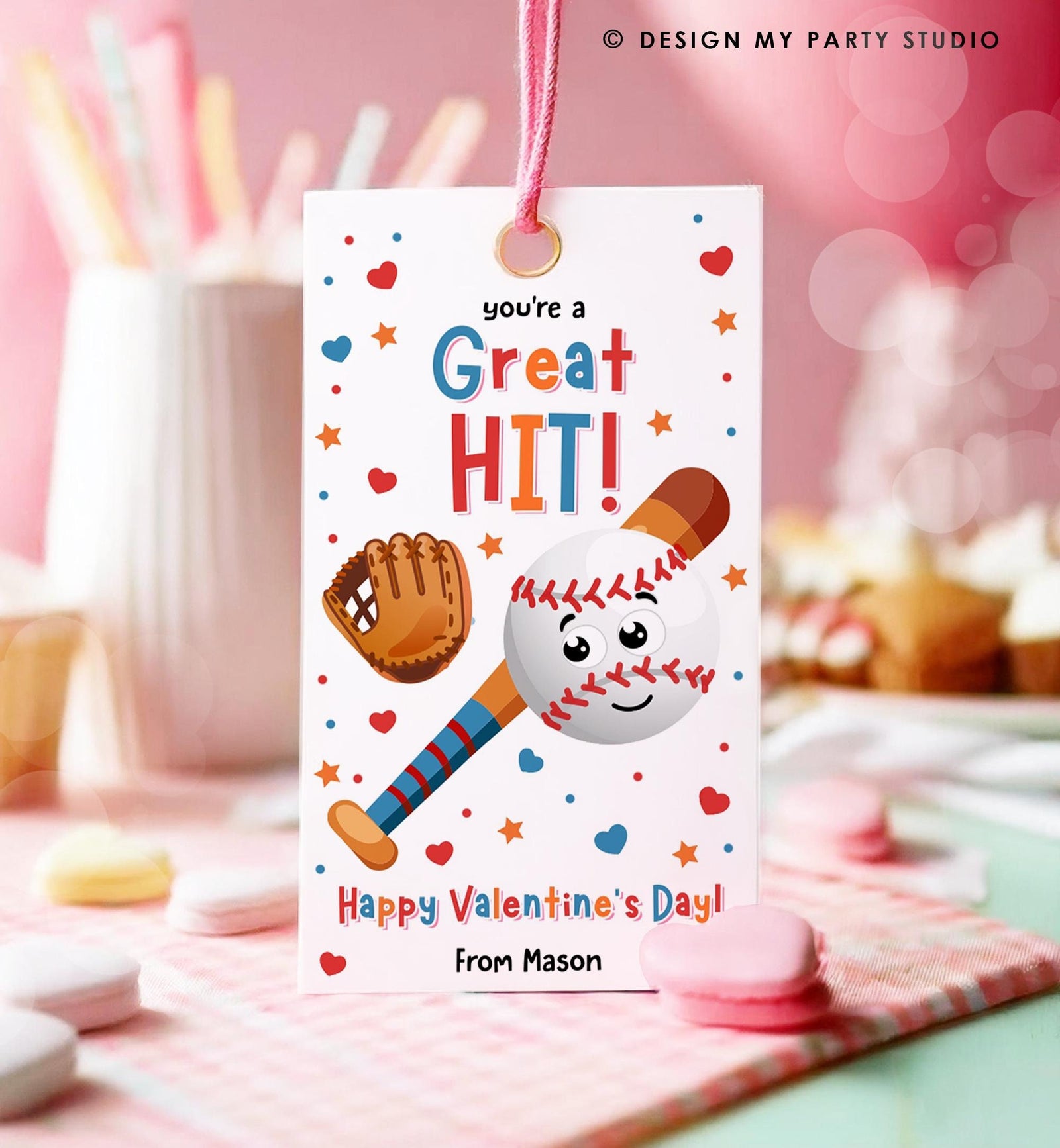 Editable You're a Great Hit Valentines Day Gift Tag American Baseball Ball Glove Bat Card Kids School Classroom Template Printable 0370