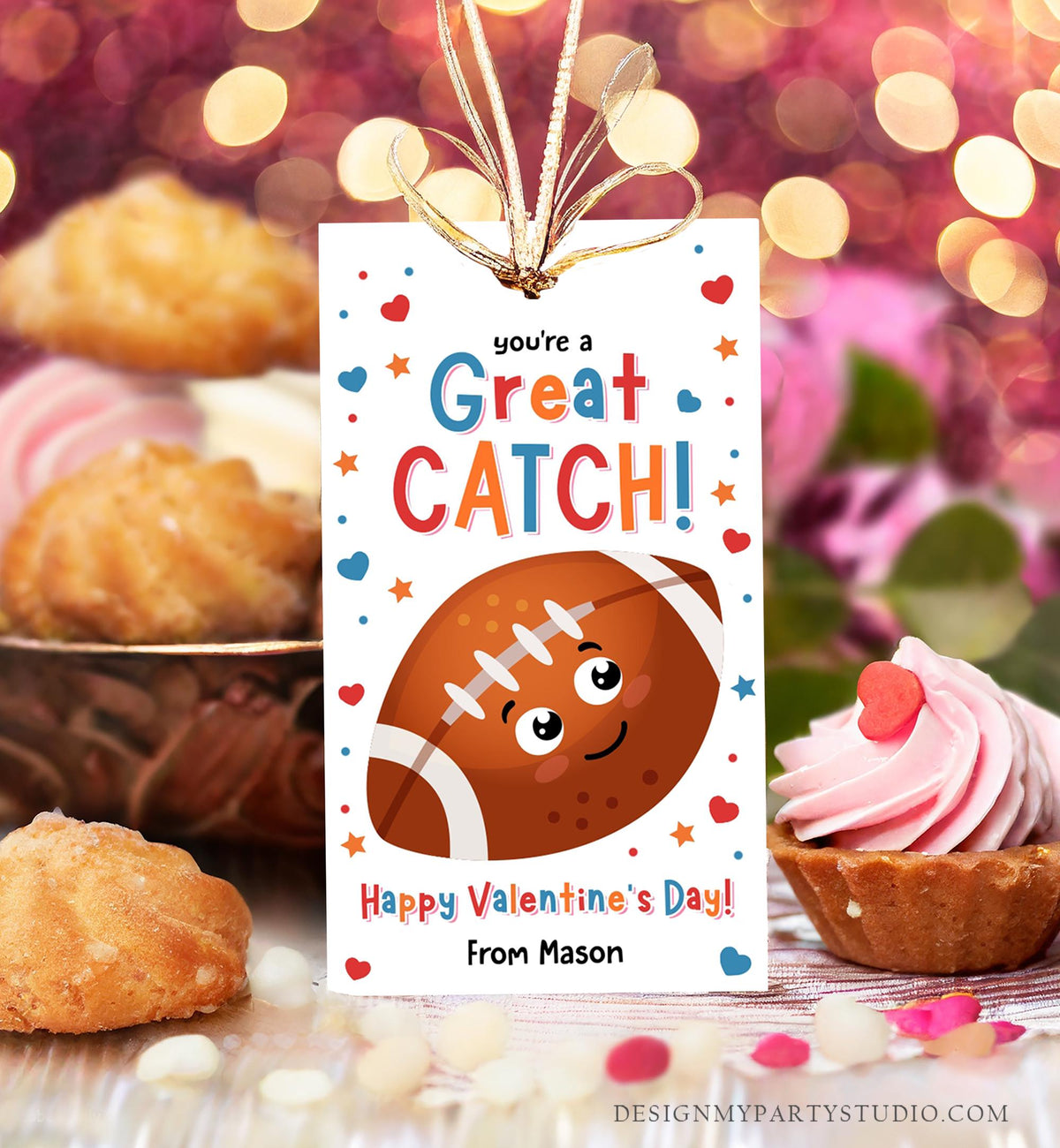 Editable You&#39;re a Great Catch Valentines Day Gift Tag Rugby American Football Ball Touchdown Kids School Classroom Template Printable 0370
