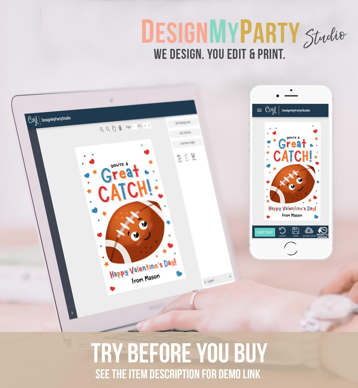 Editable You&#39;re a Great Catch Valentines Day Gift Tag Rugby American Football Ball Touchdown Kids School Classroom Template Printable 0370