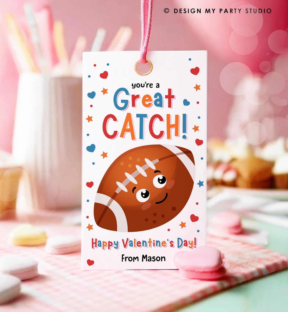 Editable You&#39;re a Great Catch Valentines Day Gift Tag Rugby American Football Ball Touchdown Kids School Classroom Template Printable 0370