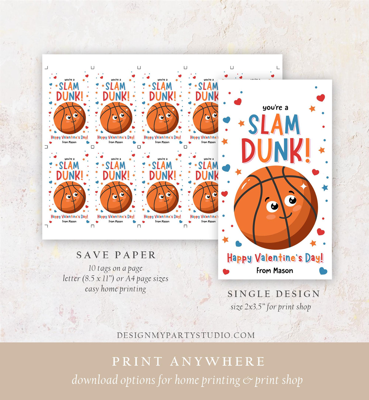 Editable You&#39;re a Slam Dunk Valentines Day Gift Tag Basketball Ball Net Alley-oop Pass Card Kids School Classroom Template Printable 0370