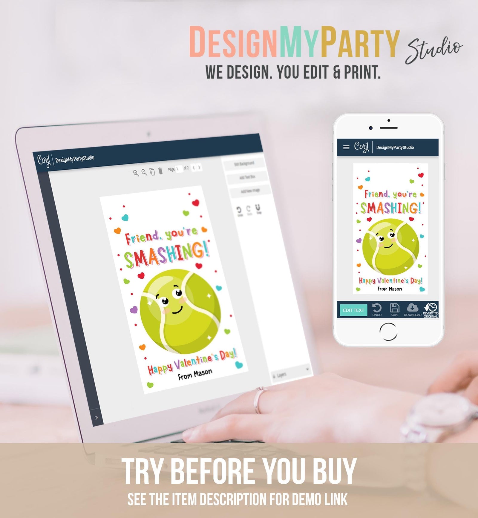 Editable Friend You Are Smashing Valentines Day Gift Tag Tennis Ball Ace Smash Favor Card Kids School Classroom Template Printable 0370