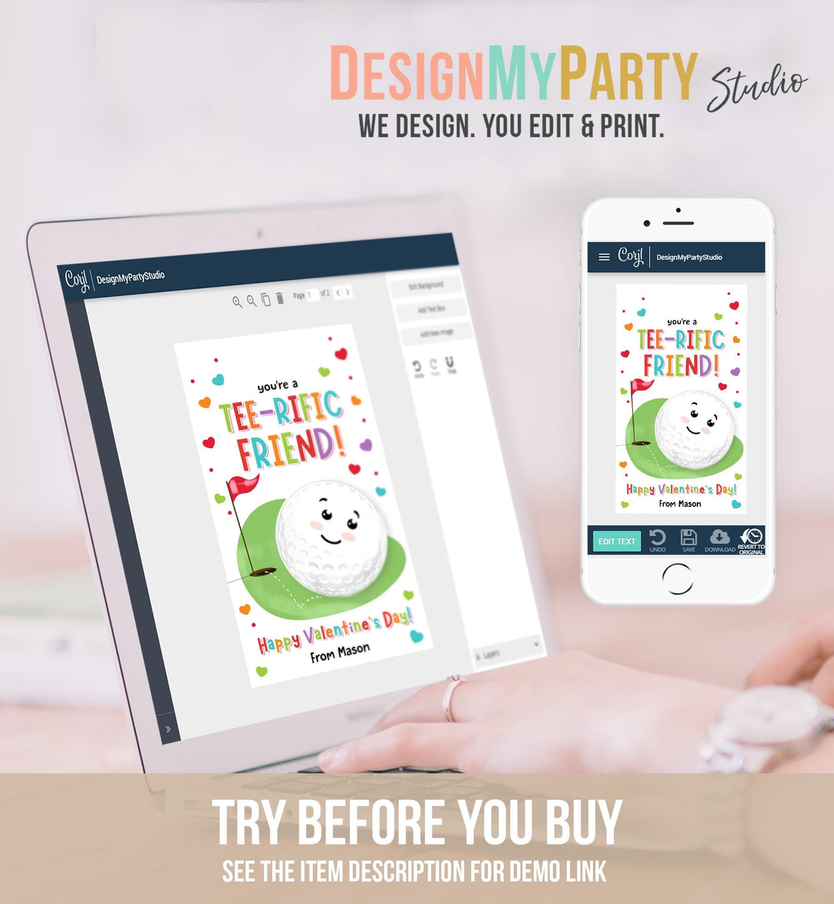 Editable You&#39;re a Tee-Rific Friend Valentines Day Gift Tag Golf Ball Hole in One Favor Card Kids School Classroom Template Printable 0370