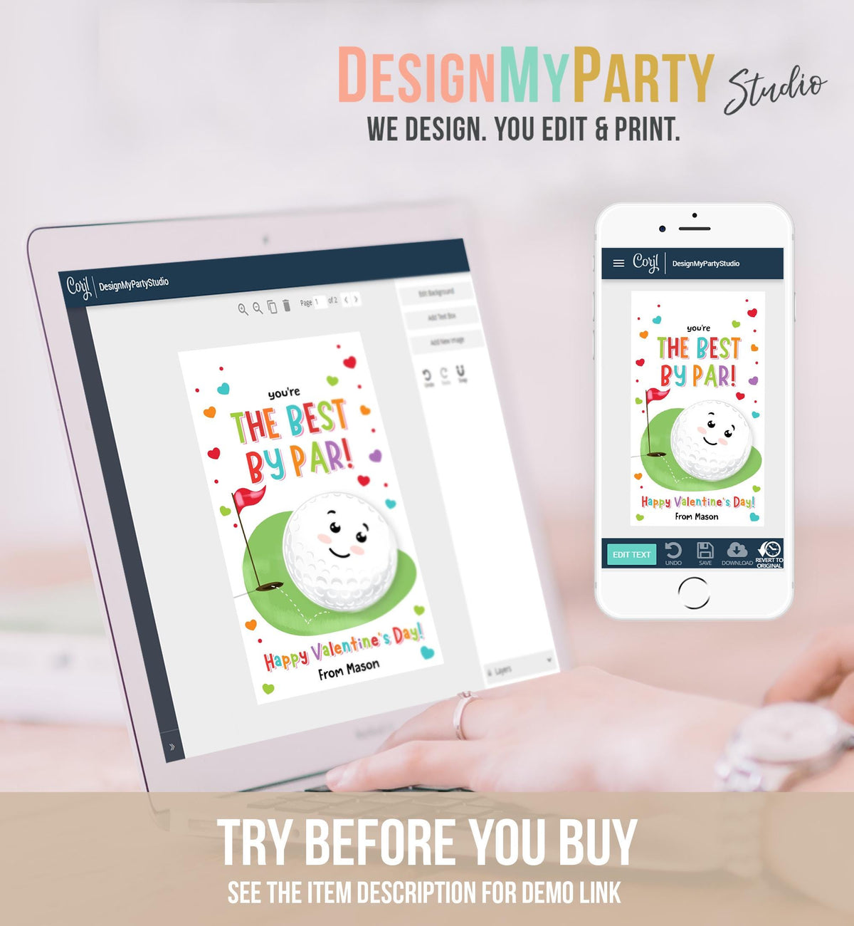 Editable You&#39;re the Best by Par Friend Valentines Day Gift Tag Golf Ball Hole in One Card Kids School Classroom Template Printable 0370