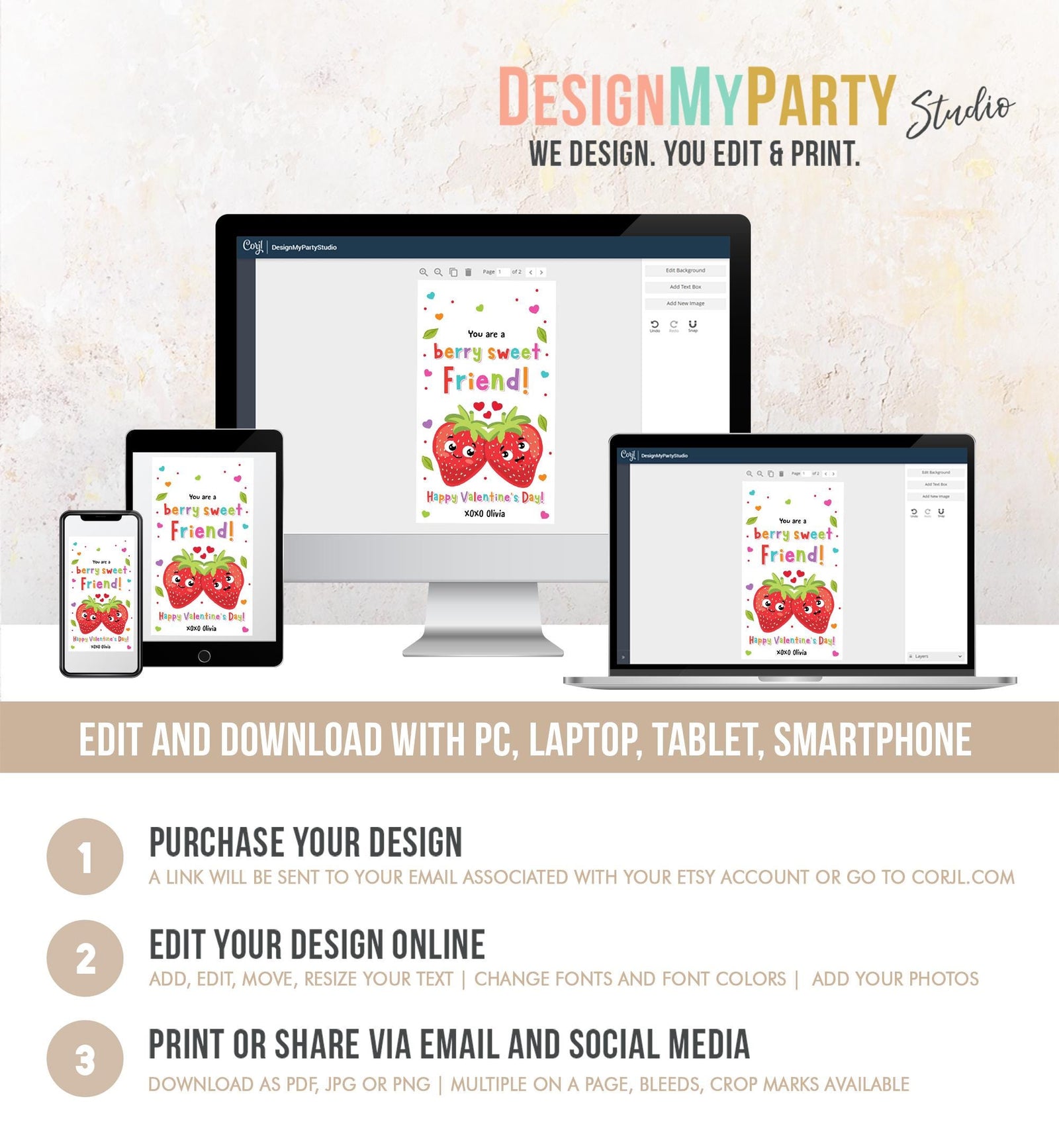 Editable You are a Berry Sweet Friend Valentines Day Gift Tag Strawberry Strawberries Card Kids School Classroom Template Printable 0370