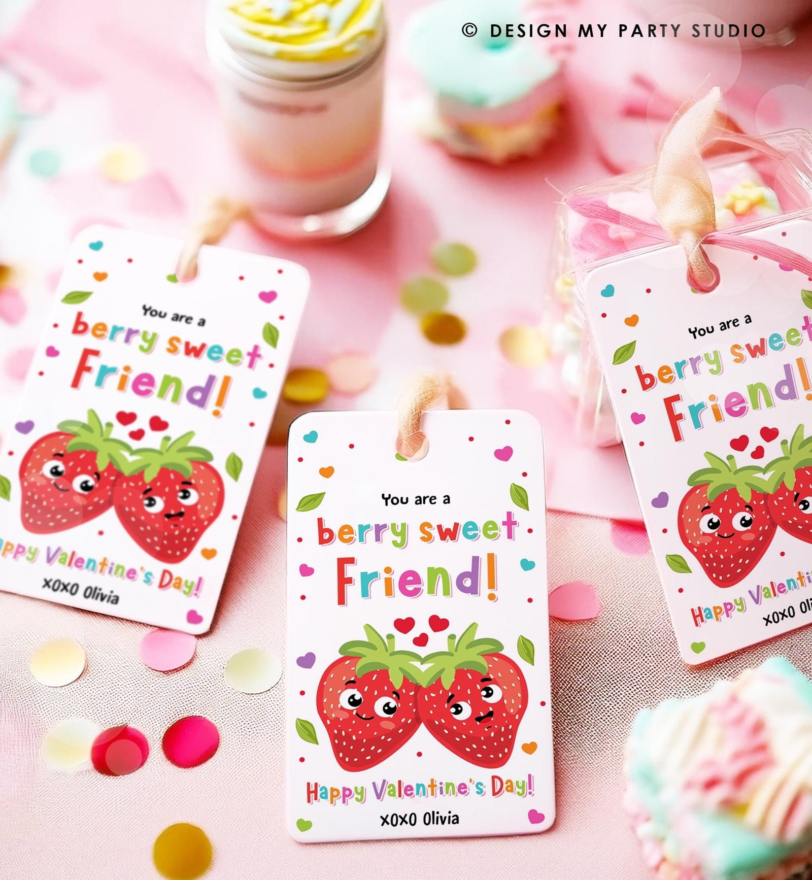 Editable You are a Berry Sweet Friend Valentines Day Gift Tag Strawberry Strawberries Card Kids School Classroom Template Printable 0370