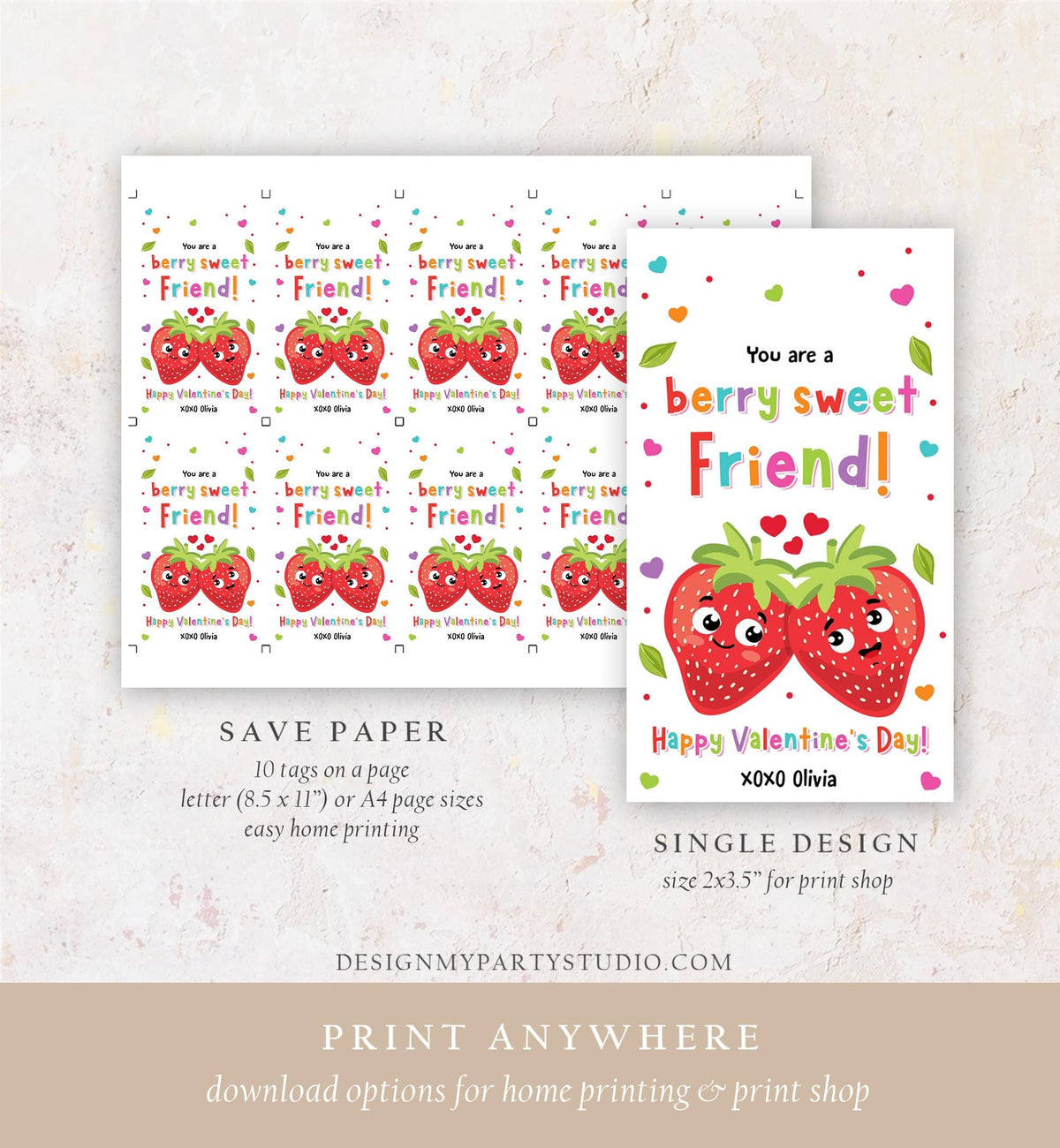 Editable You are a Berry Sweet Friend Valentines Day Gift Tag Strawberry Strawberries Card Kids School Classroom Template Printable 0370