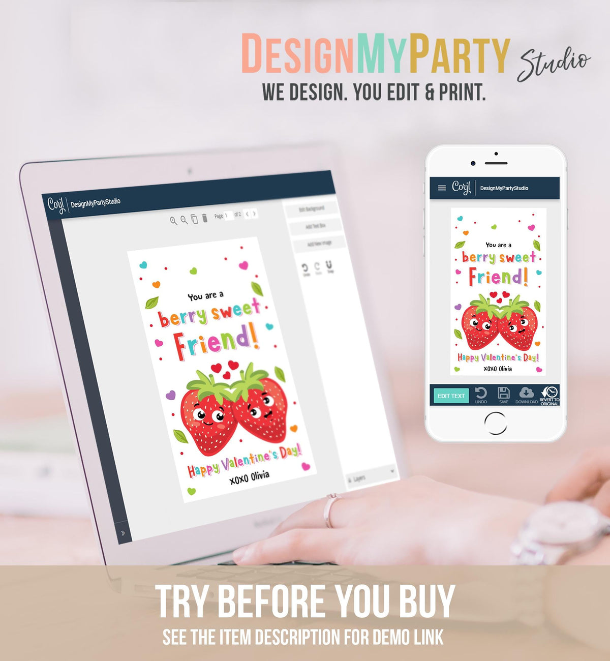 Editable You are a Berry Sweet Friend Valentines Day Gift Tag Strawberry Strawberries Card Kids School Classroom Template Printable 0370