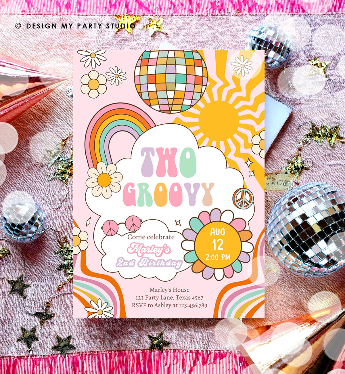 Editable Two Groovy Retro 2nd Birthday Invitation Second Birthday Groovy Babe Peace Love Pink Digital Download Evite Template Printable 0538