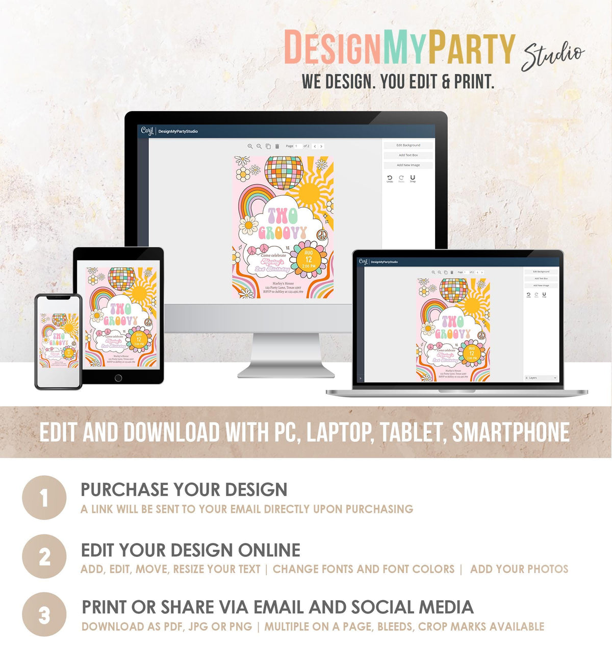 Editable Two Groovy Retro 2nd Birthday Invitation Second Birthday Groovy Babe Peace Love Pink Digital Download Evite Template Printable 0538