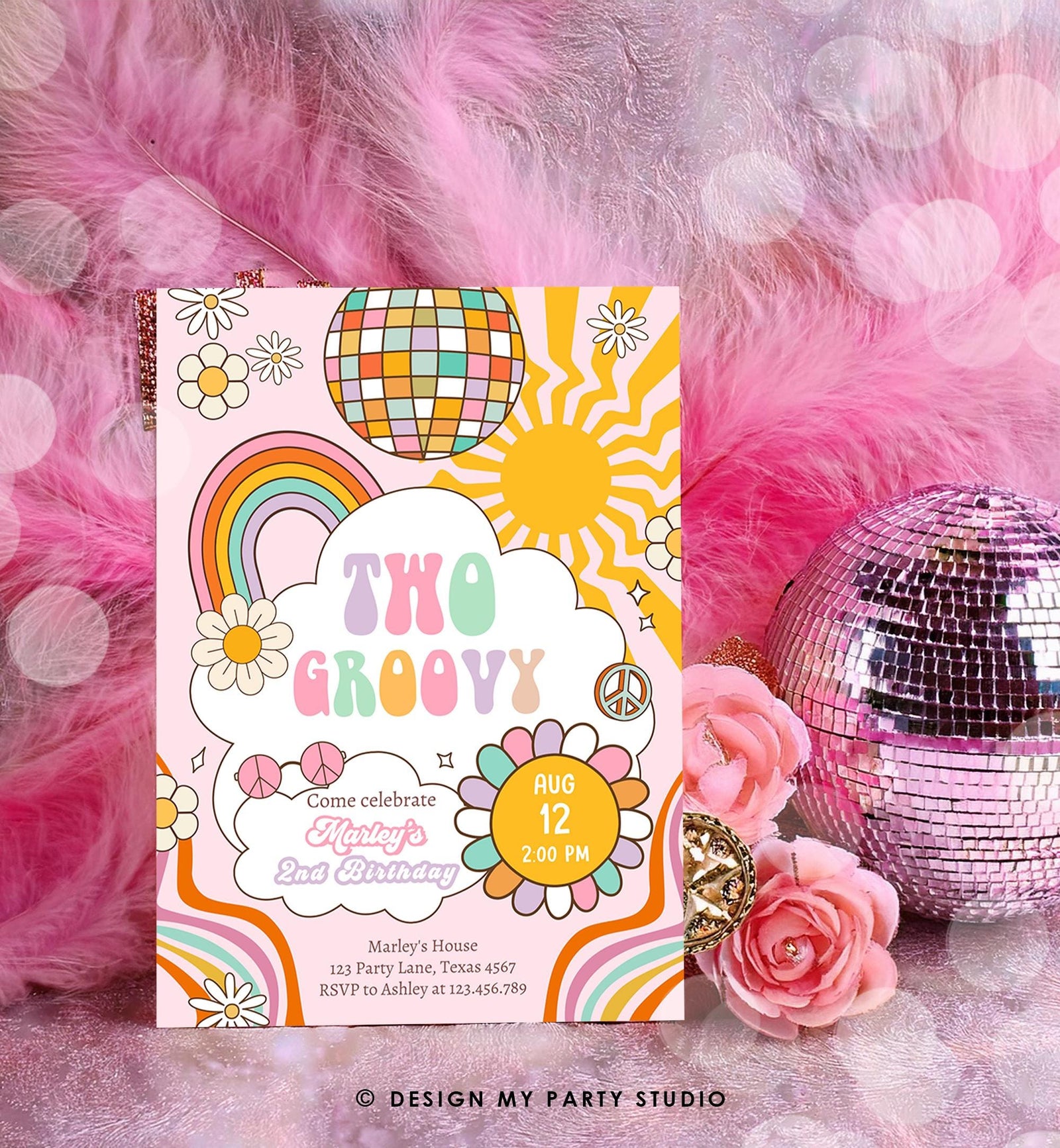 Editable Two Groovy Retro 2nd Birthday Invitation Second Birthday Groovy Babe Peace Love Pink Digital Download Evite Template Printable 0538