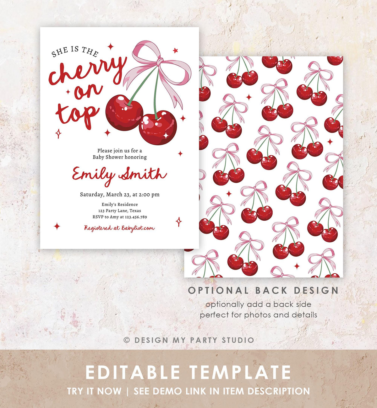 Editable Cherry Baby Shower Invitation She is The Cherry On Top Preppy Coquette Bow Berries Berry Girl Evite Template Digital Download 0539