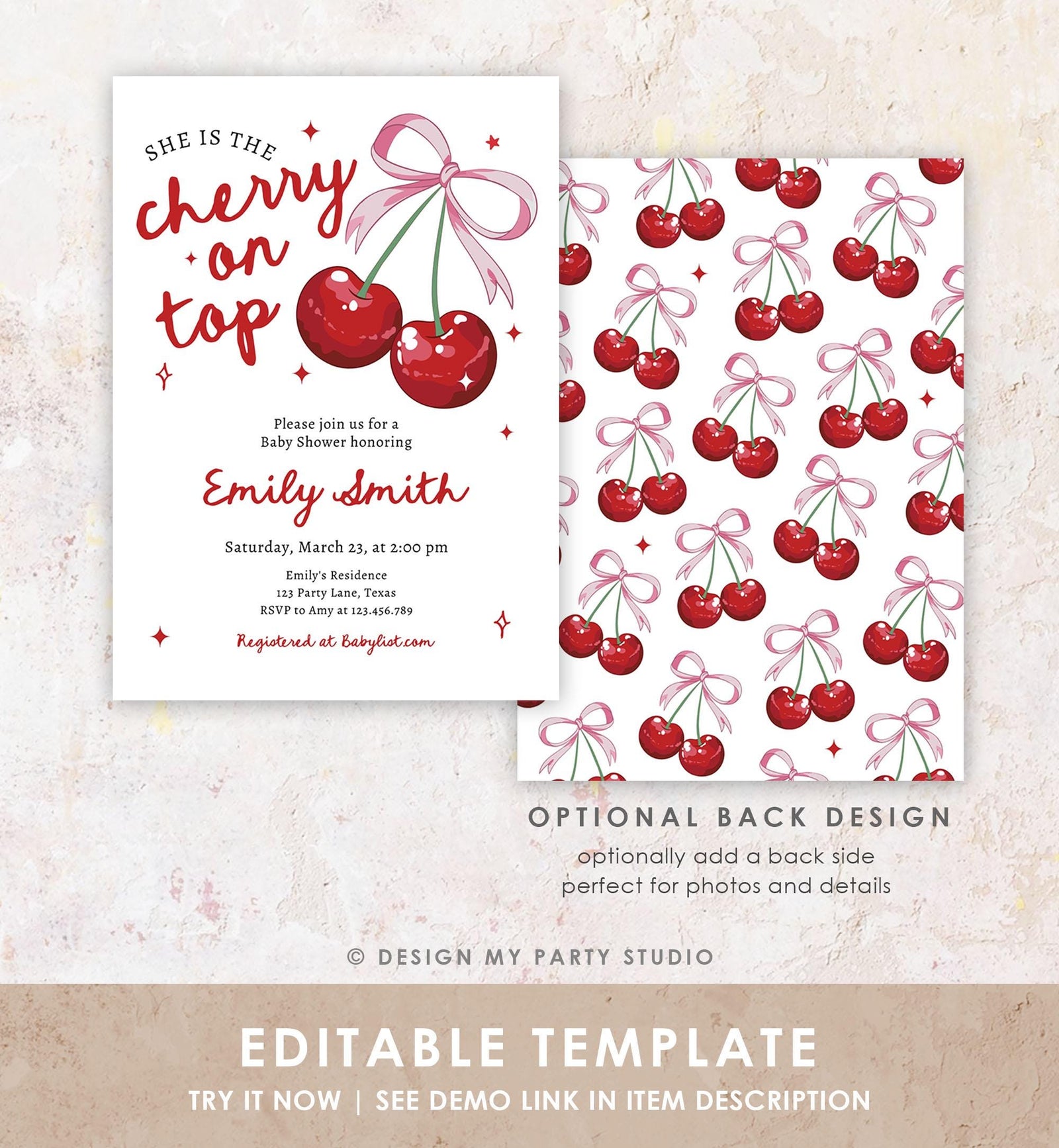 Editable Cherry Baby Shower Invitation She is The Cherry On Top Preppy Coquette Bow Berries Berry Girl Evite Template Digital Download 0539