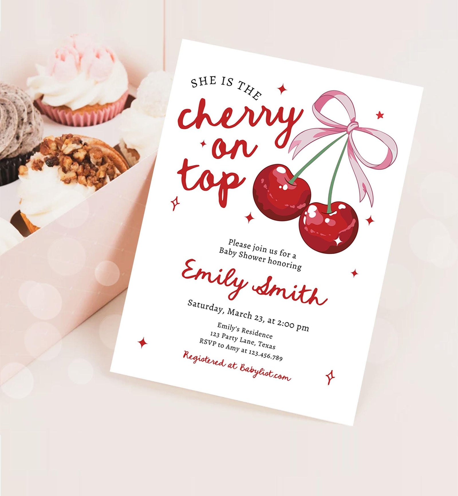 Editable Cherry Baby Shower Invitation She is The Cherry On Top Preppy Coquette Bow Berries Berry Girl Evite Template Digital Download 0539