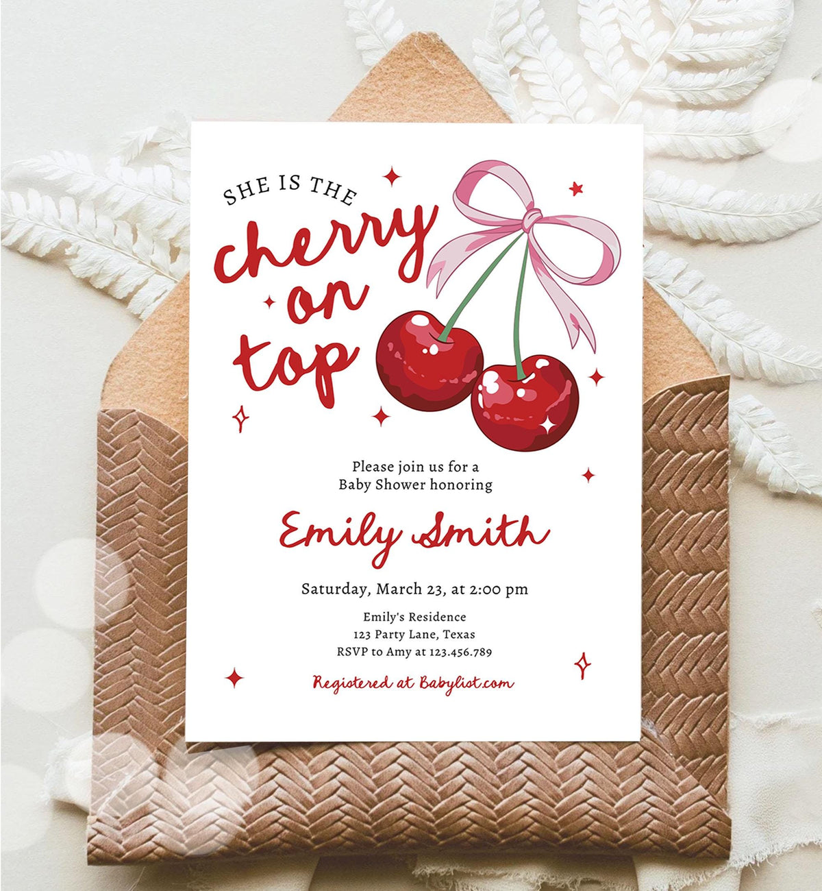 Editable Cherry Baby Shower Invitation She is The Cherry On Top Preppy Coquette Bow Berries Berry Girl Evite Template Digital Download 0539