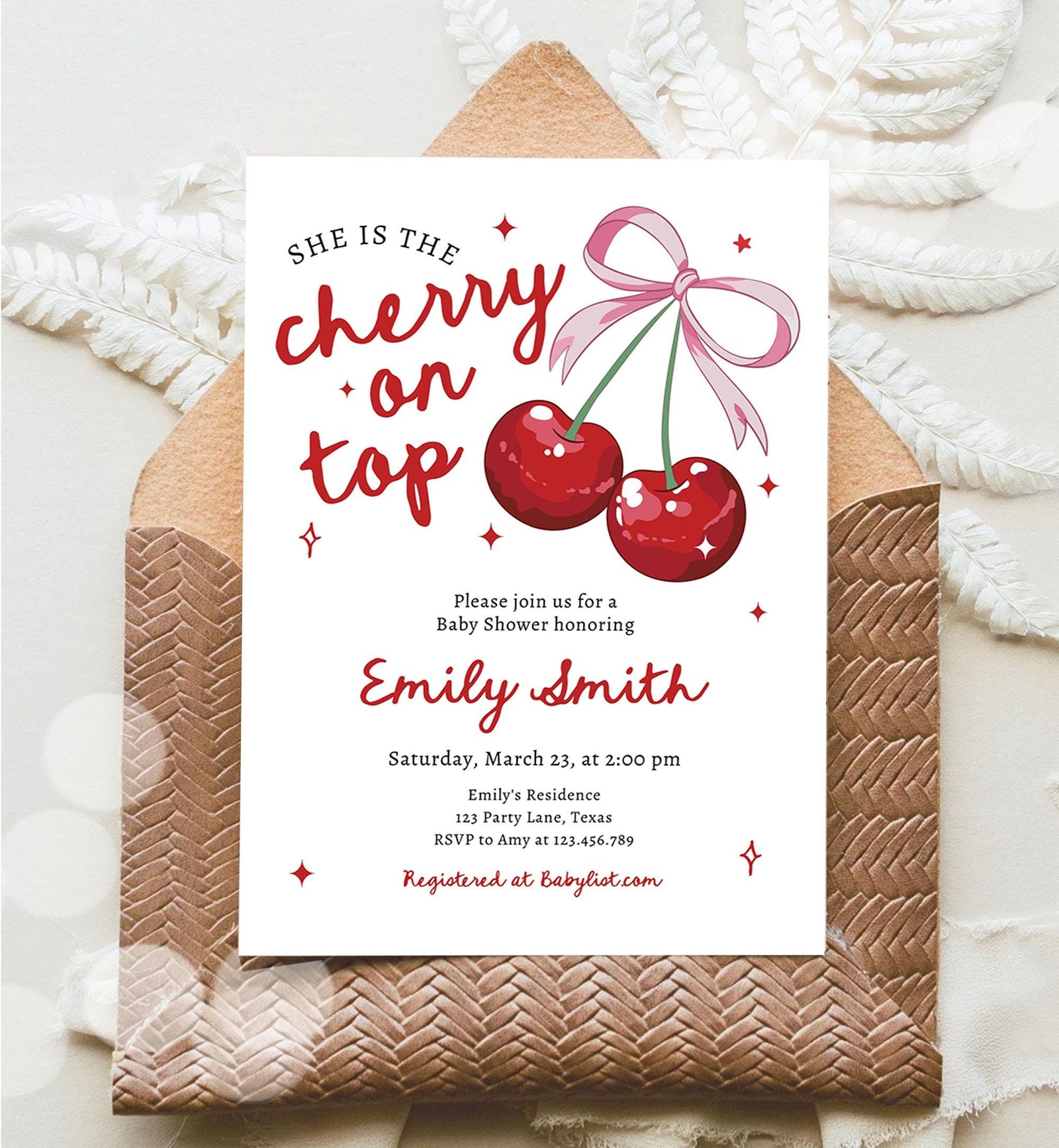 Editable Cherry Baby Shower Invitation She is The Cherry On Top Preppy Coquette Bow Berries Berry Girl Evite Template Digital Download 0539