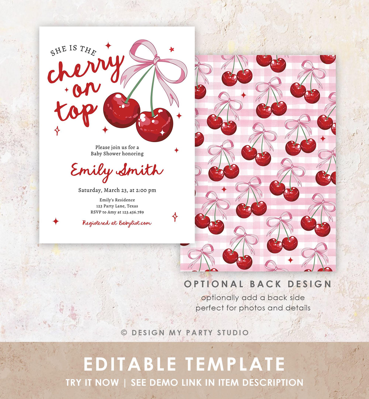 Editable Cherry Baby Shower Invitation She is The Cherry On Top Preppy Coquette Bow Berries Berry Girl Evite Template Digital Download 0539