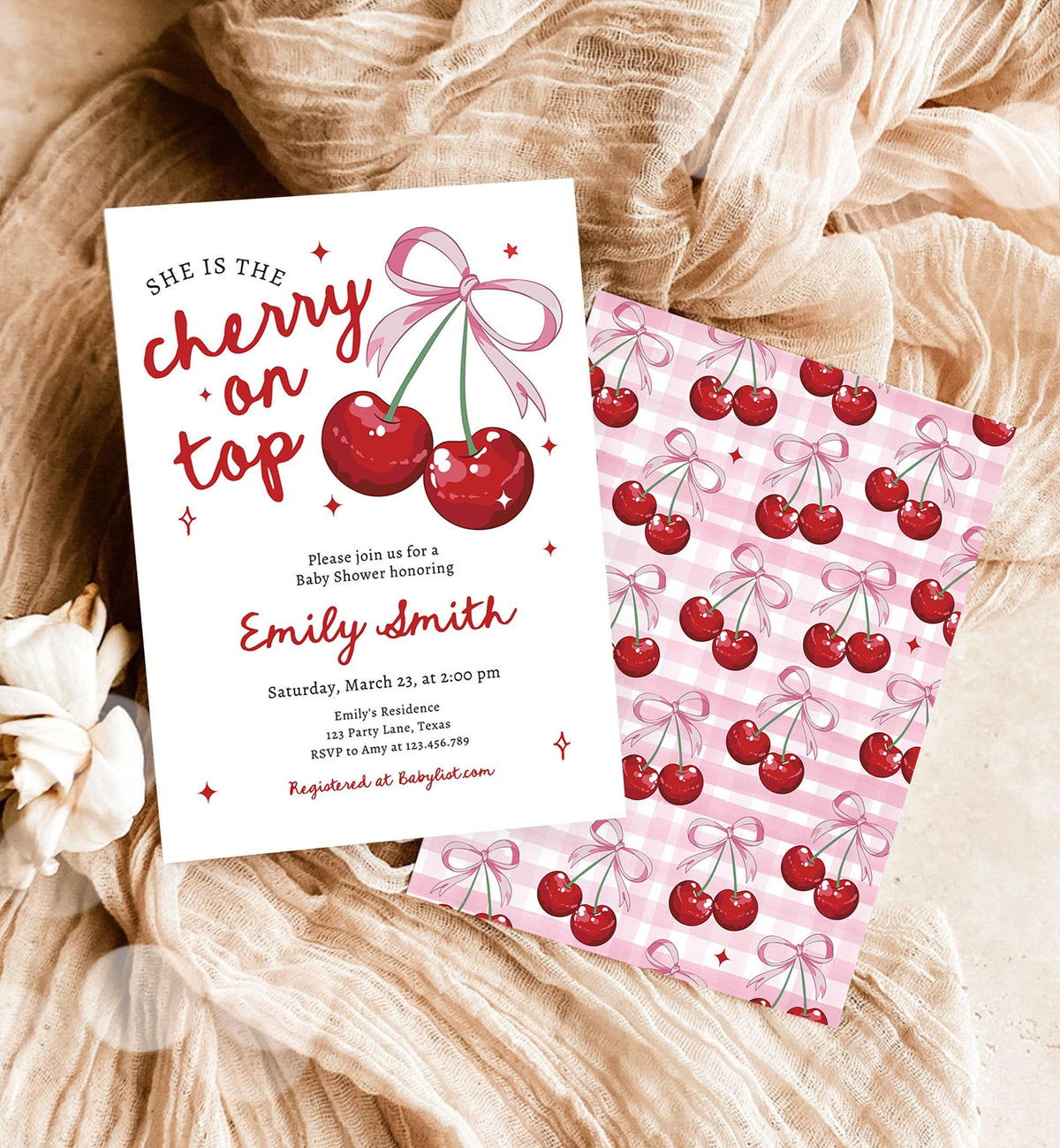 Editable Cherry Baby Shower Invitation She is The Cherry On Top Preppy Coquette Bow Berries Berry Girl Evite Template Digital Download 0539