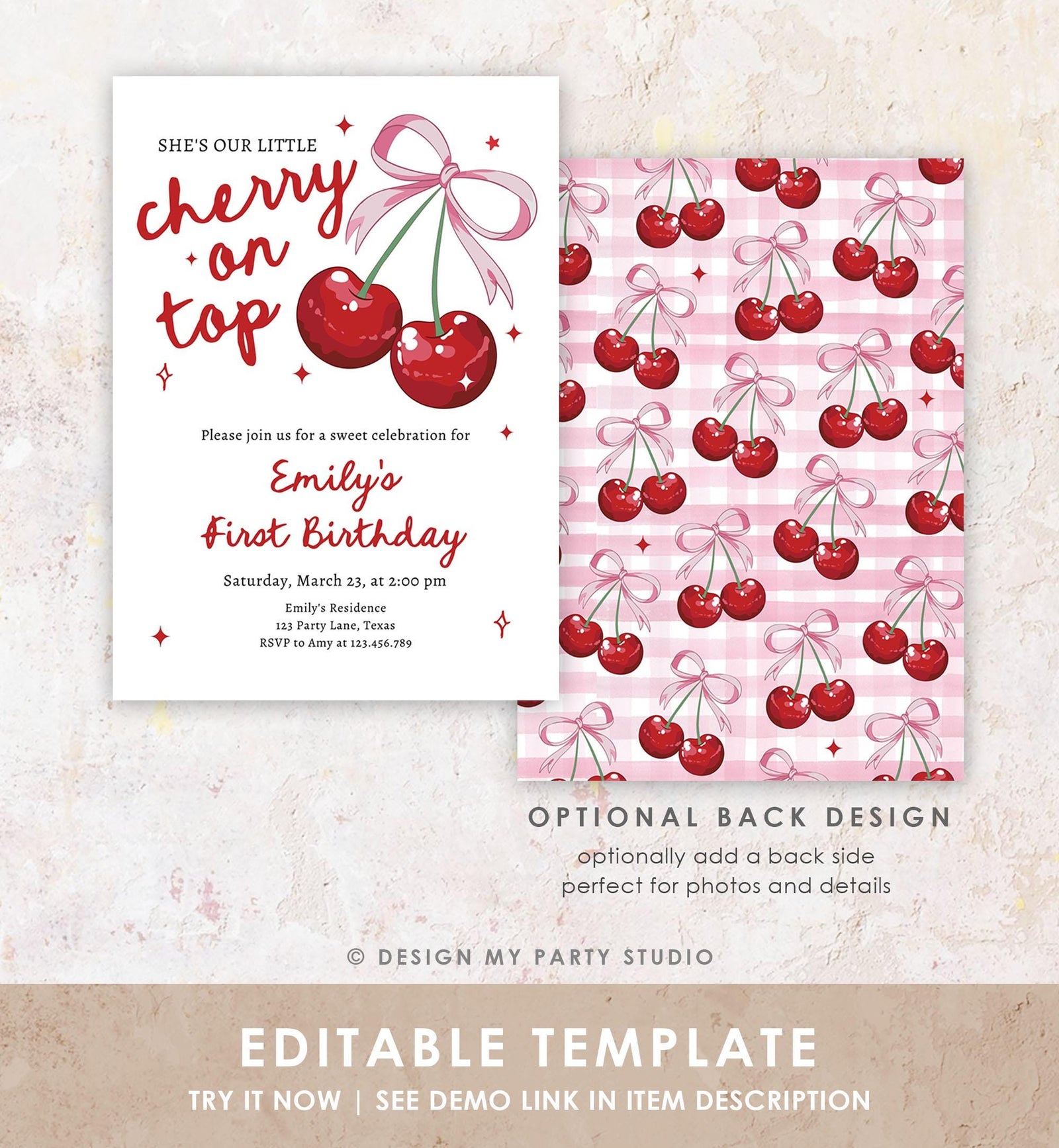 Editable Cherry Birthday Invitation Little Cherry On Top Preppy Coquette Bow Berries Berry Girl Modern Evite Template Digital Download 0539