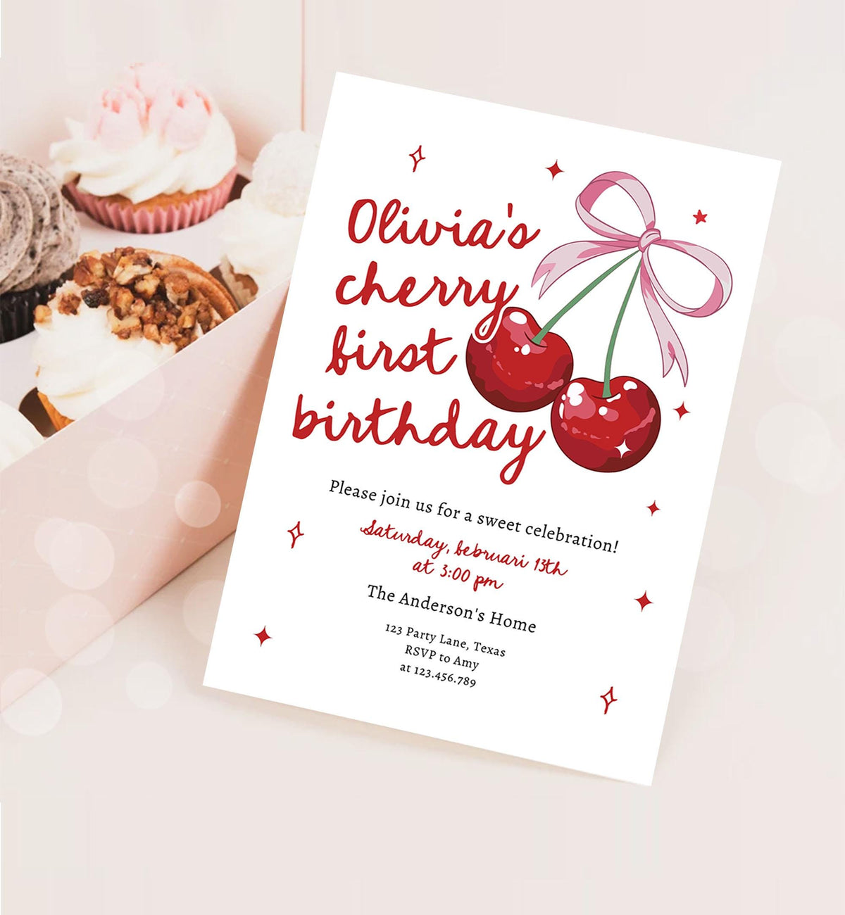 Editable Cherry First Birthday Invitation Little Cherry On Top Preppy Coquette Bow Berries Berry Girl Evite Template Digital Download 0539