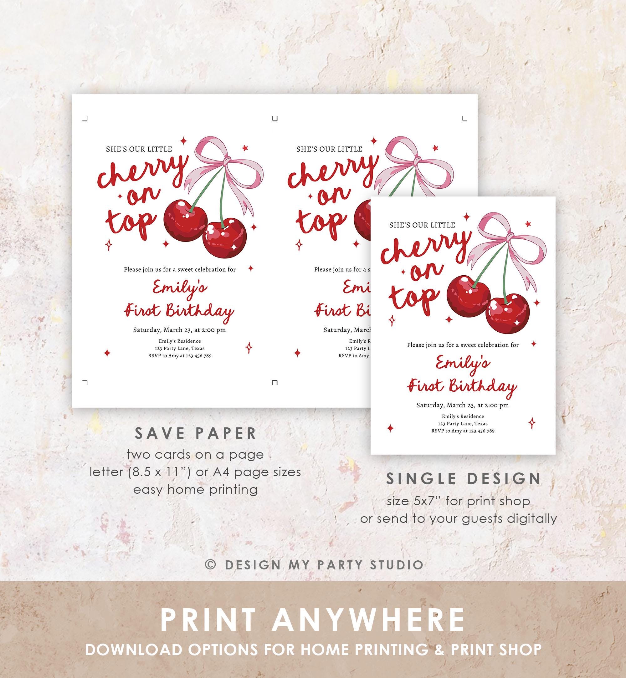 Editable Cherry First Birthday Invitation She is The Cherry On Top Preppy Coquette Bow Berries Berry Evite Template Digital Download 0539