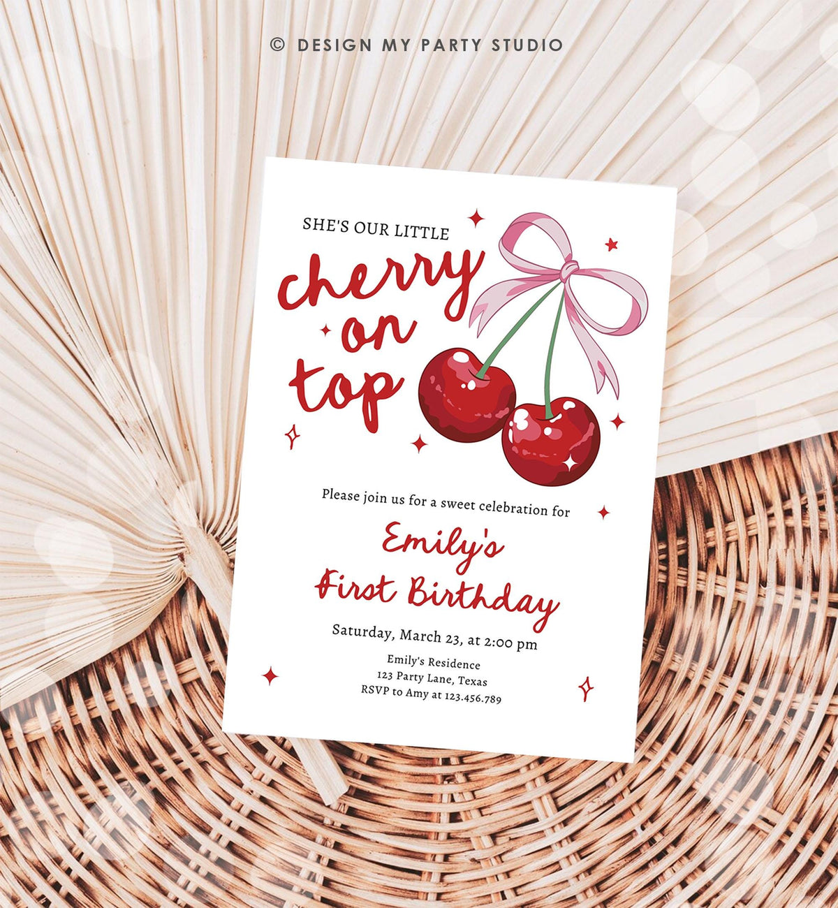 Editable Cherry First Birthday Invitation She is The Cherry On Top Preppy Coquette Bow Berries Berry Evite Template Digital Download 0539