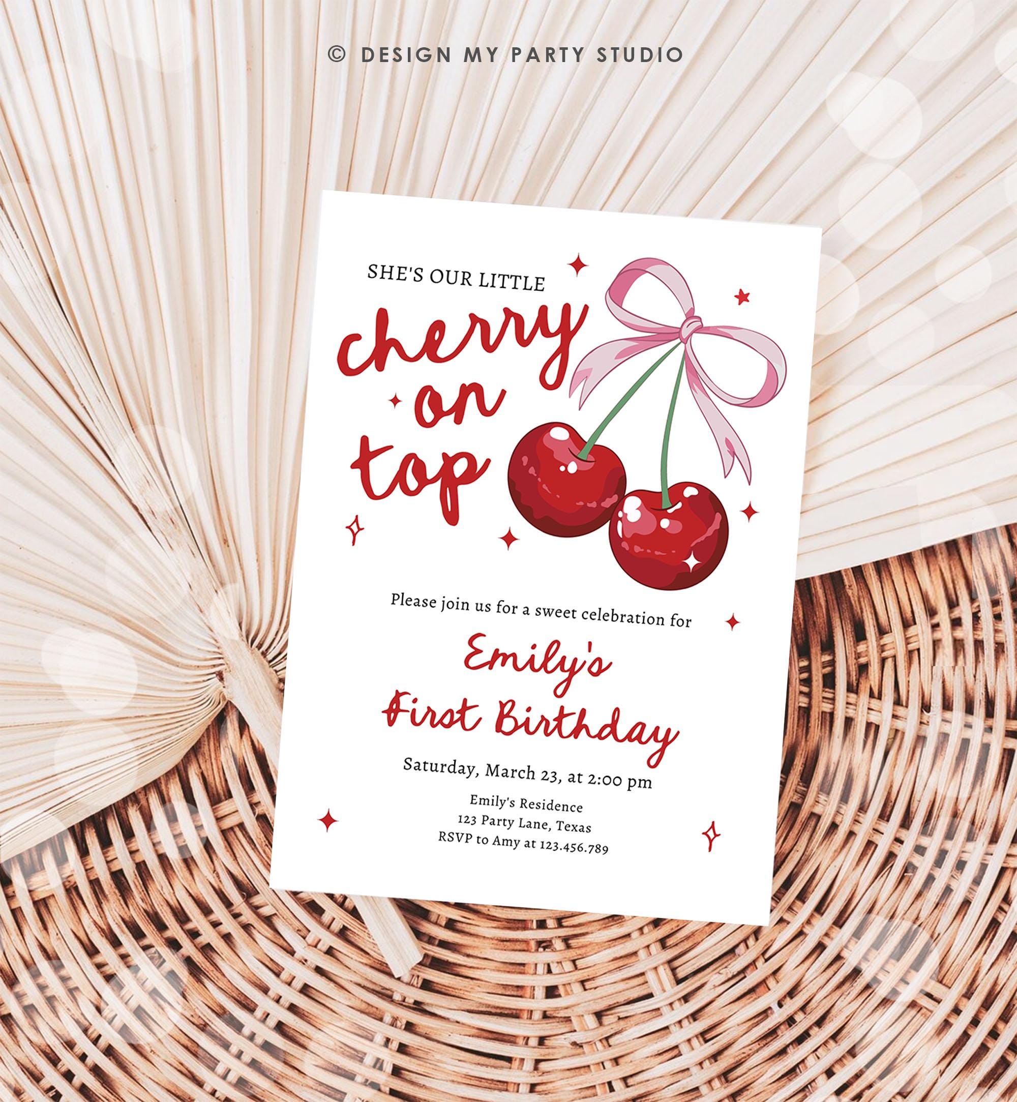 Editable Cherry First Birthday Invitation She is The Cherry On Top Preppy Coquette Bow Berries Berry Evite Template Digital Download 0539