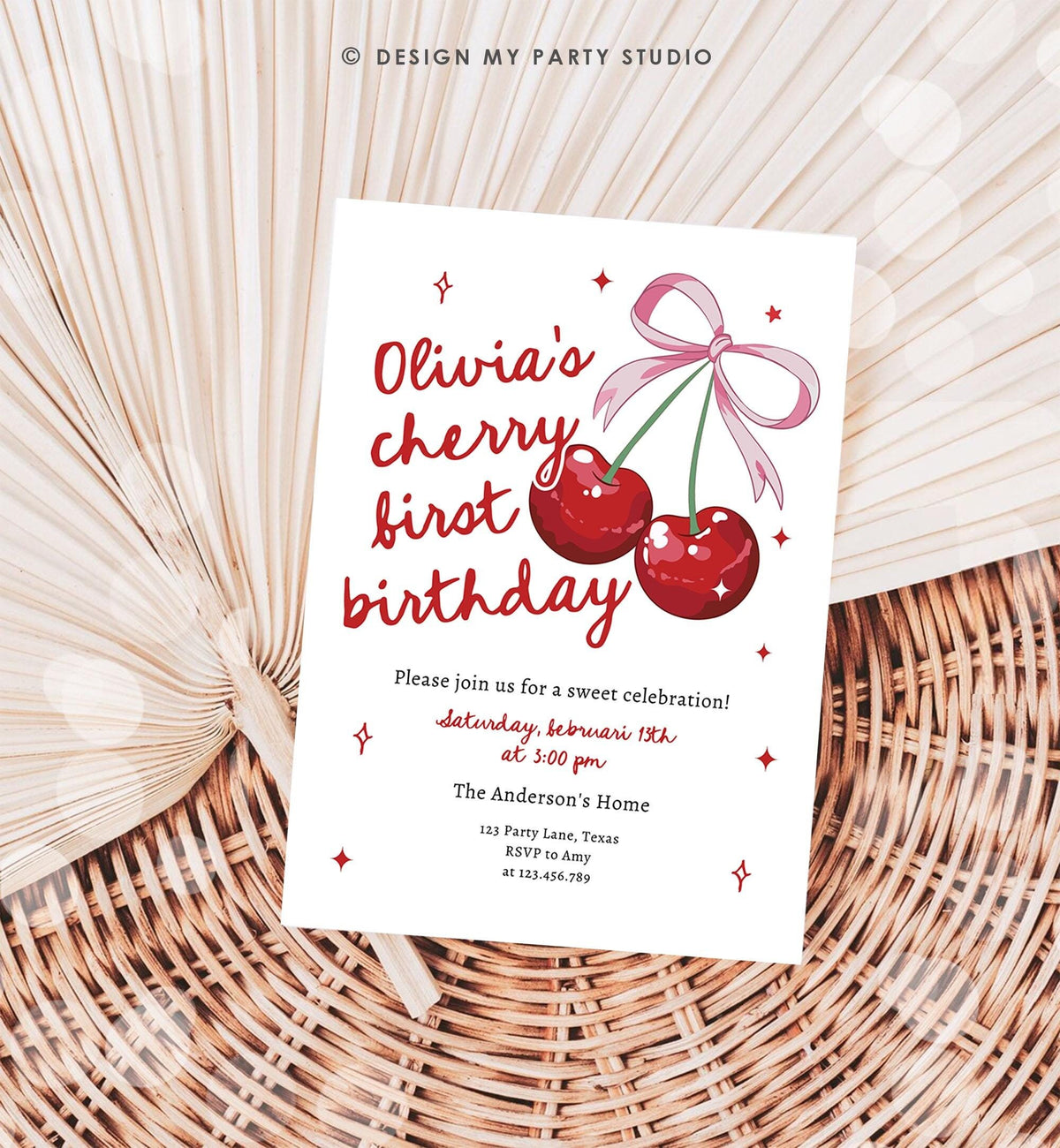 Editable Cherry First Birthday Invitation Little Cherry On Top Preppy Coquette Bow Berries Berry Girl Evite Template Digital Download 0539