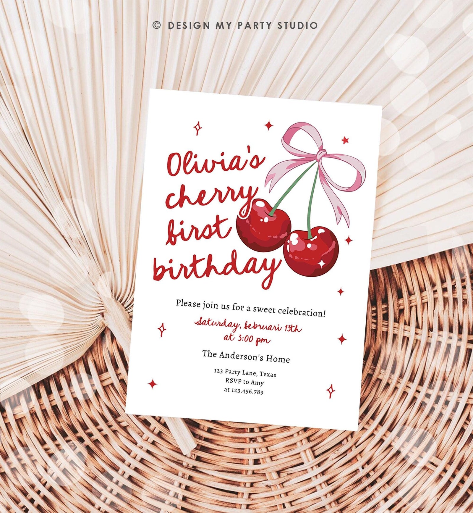 Editable Cherry First Birthday Invitation Little Cherry On Top Preppy Coquette Bow Berries Berry Girl Evite Template Digital Download 0539