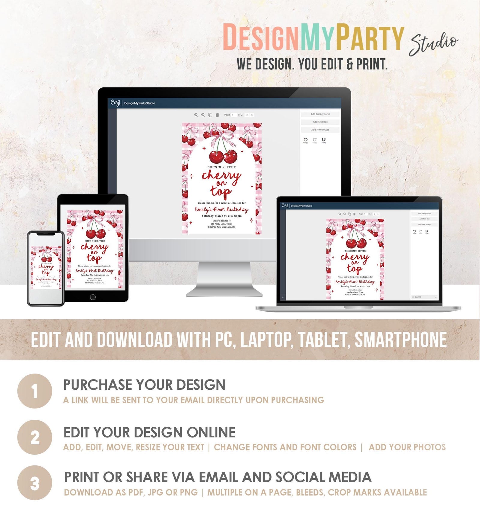 Editable Cherry Birthday Invitation Little Cherry On Top Preppy Coquette Bow Berries Berry Girl Modern Evite Template Digital Download 0539