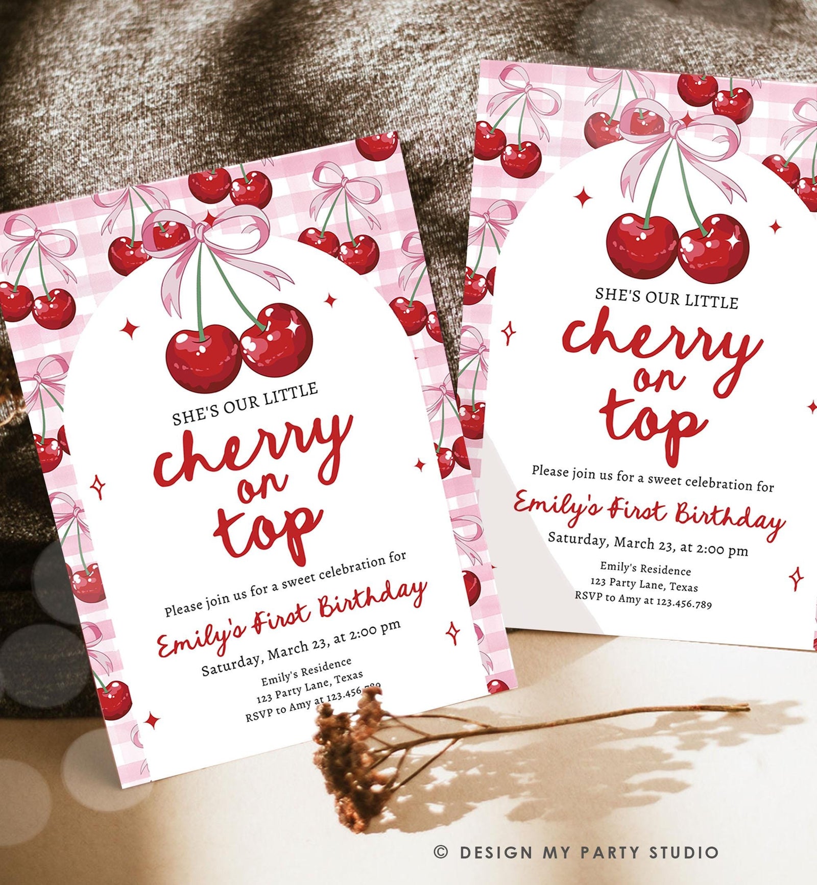 Editable Cherry Birthday Invitation Little Cherry On Top Preppy Coquette Bow Berries Berry Girl Modern Evite Template Digital Download 0539