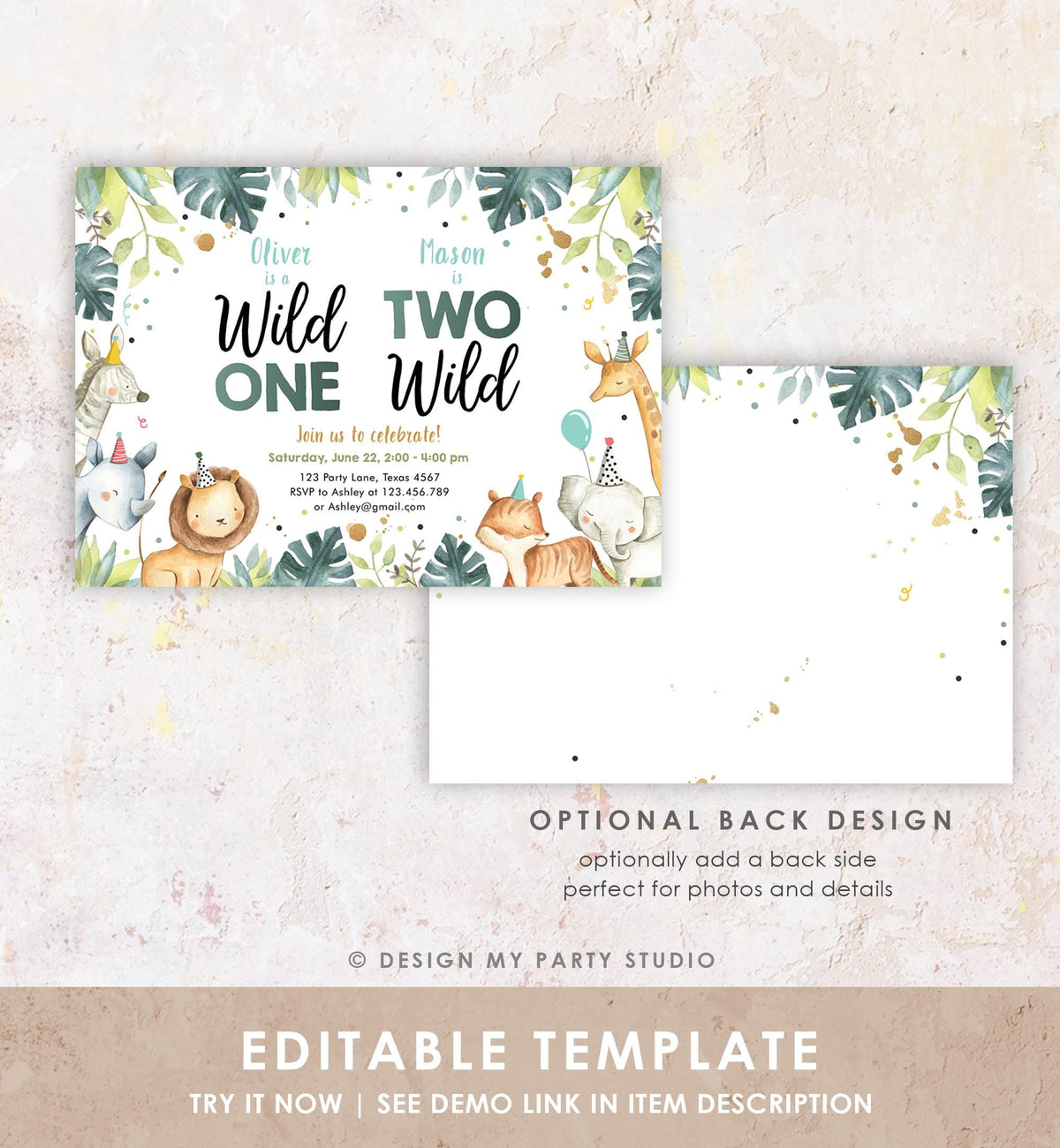Editable Safari Animals Joint Birthday Invitation Boys Wild One Two Wild Combined Zoo 1st 2nd First Second Digital Template Printable 0163