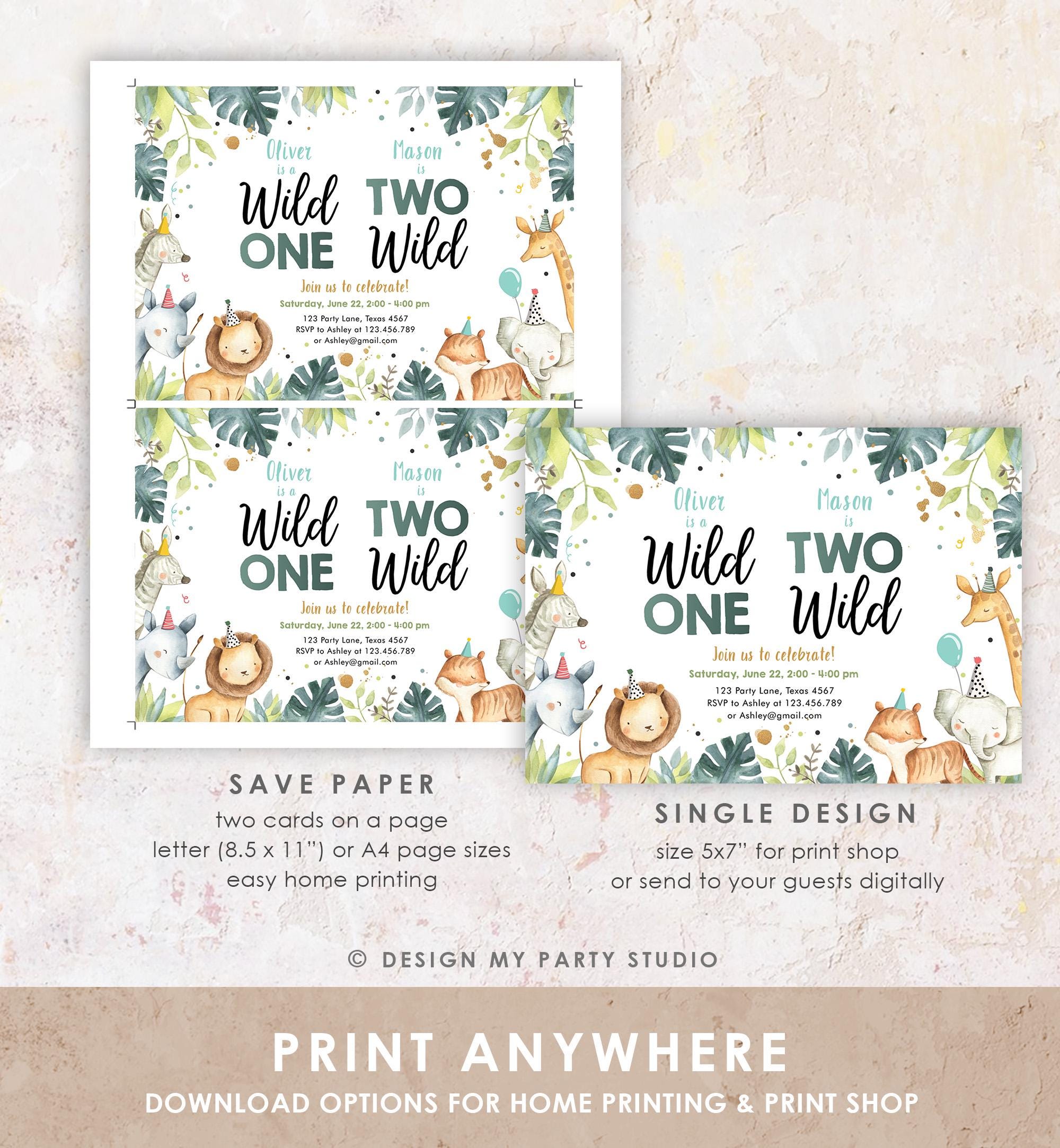 Editable Safari Animals Joint Birthday Invitation Boys Wild One Two Wild Combined Zoo 1st 2nd First Second Digital Template Printable 0163