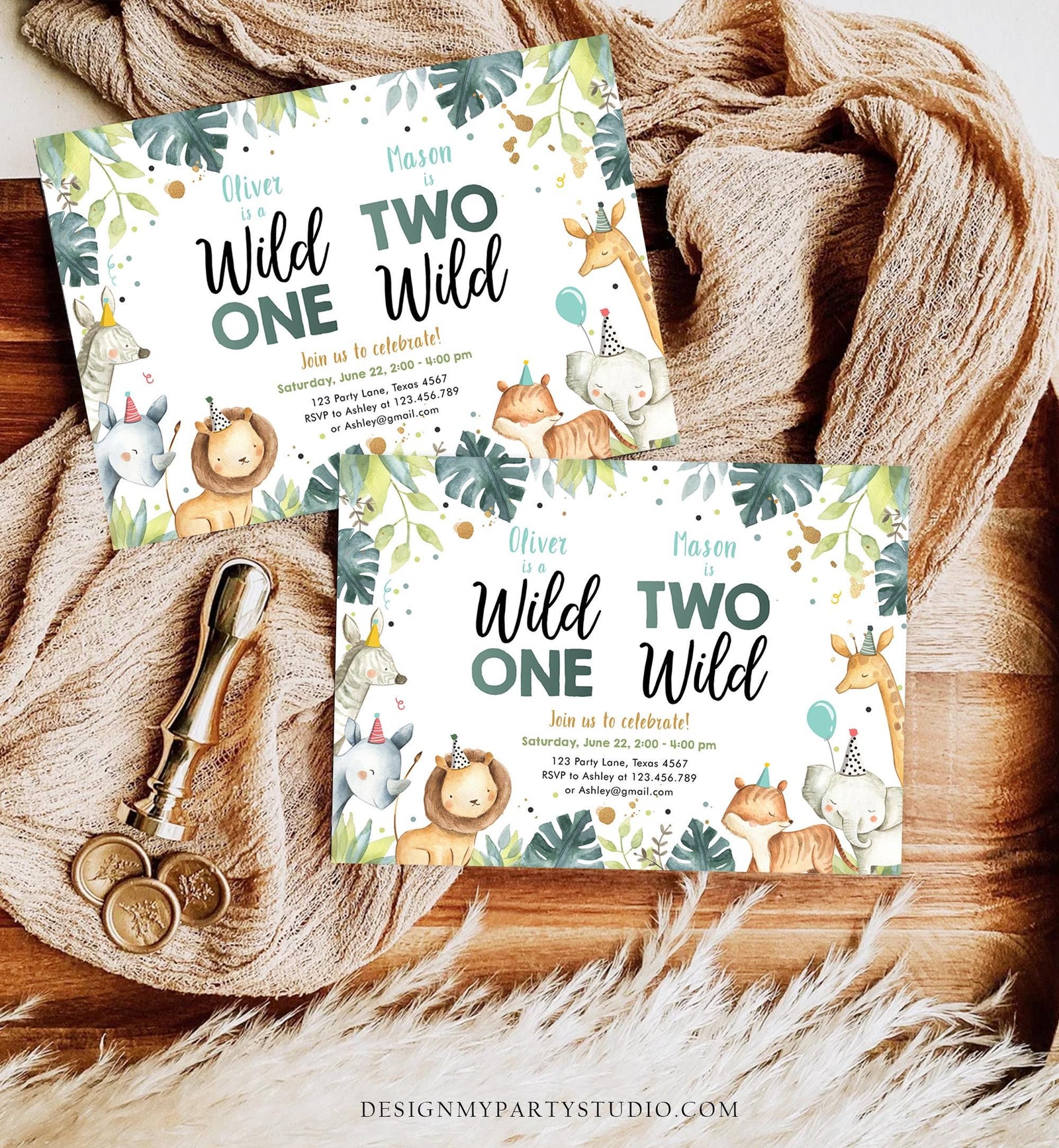 Editable Safari Animals Joint Birthday Invitation Boys Wild One Two Wild Combined Zoo 1st 2nd First Second Digital Template Printable 0163