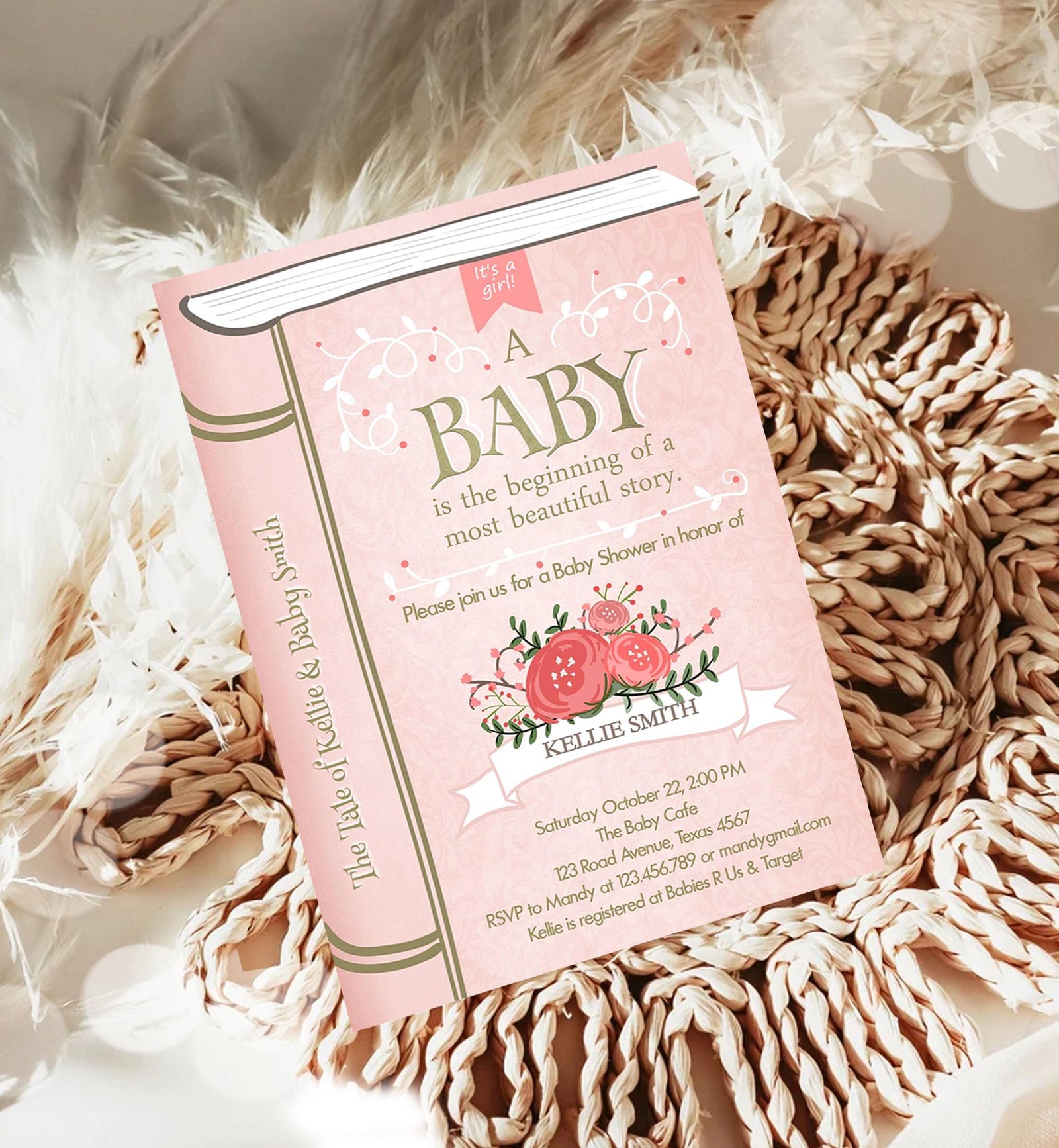 Editable Vintage Storybook Baby Shower Invitation Pink Gold Once Upon a Time Girl Couples Book Digital Evite Template Printable 0023
