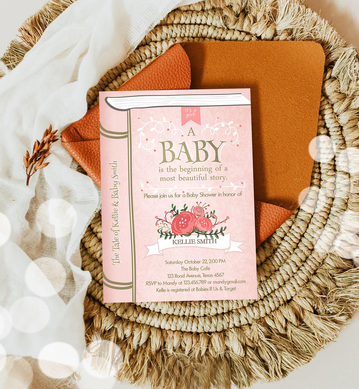 Editable Vintage Storybook Baby Shower Invitation Pink Gold Once Upon a Time Girl Couples Book Digital Evite Template Printable 0023