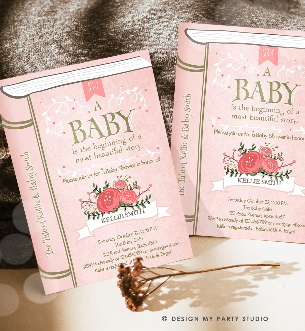 Editable Vintage Storybook Baby Shower Invitation Pink Gold Once Upon a Time Girl Couples Book Digital Evite Template Printable 0023