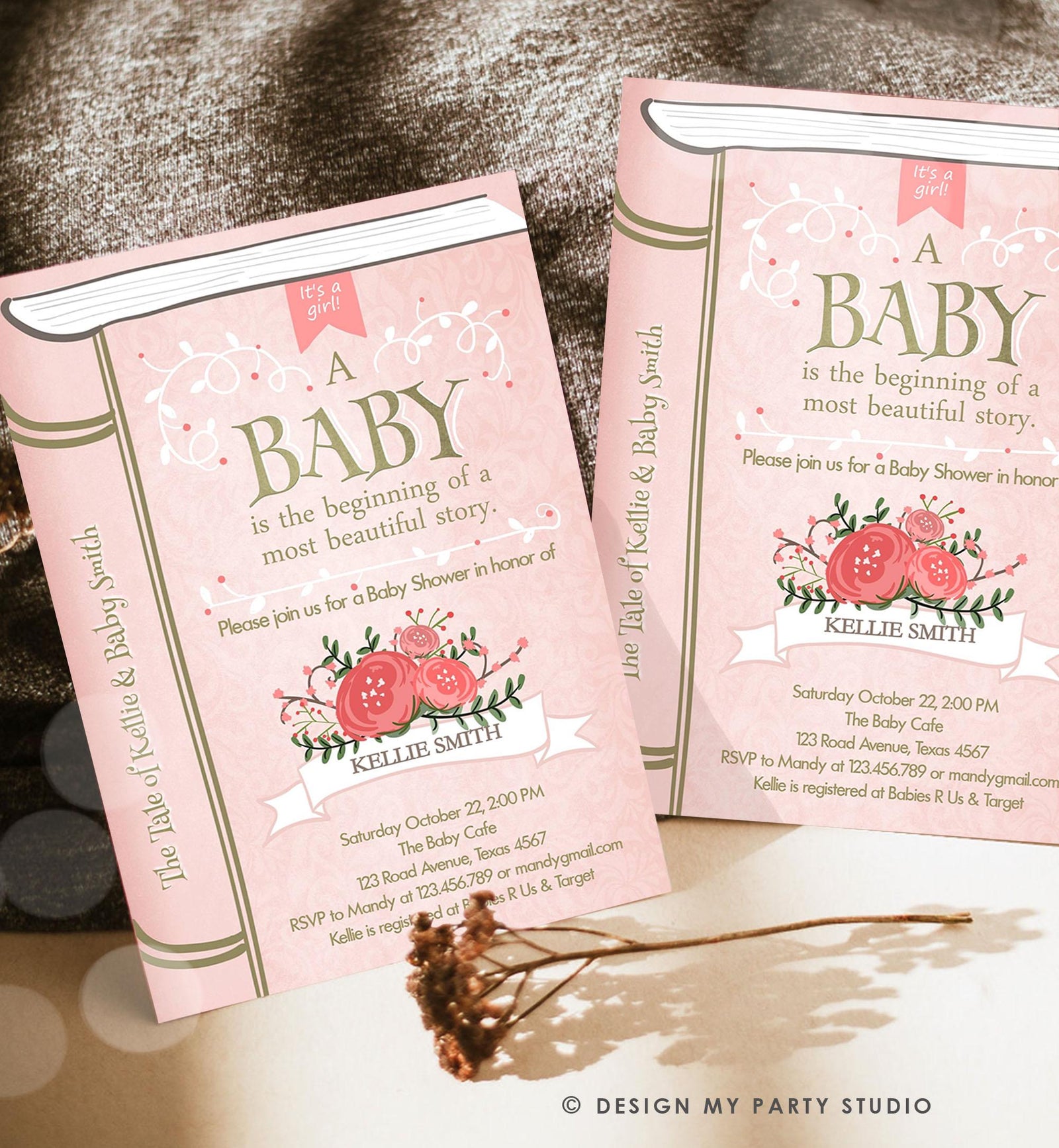 Editable Vintage Storybook Baby Shower Invitation Pink Gold Once Upon a Time Girl Couples Book Digital Evite Template Printable 0023