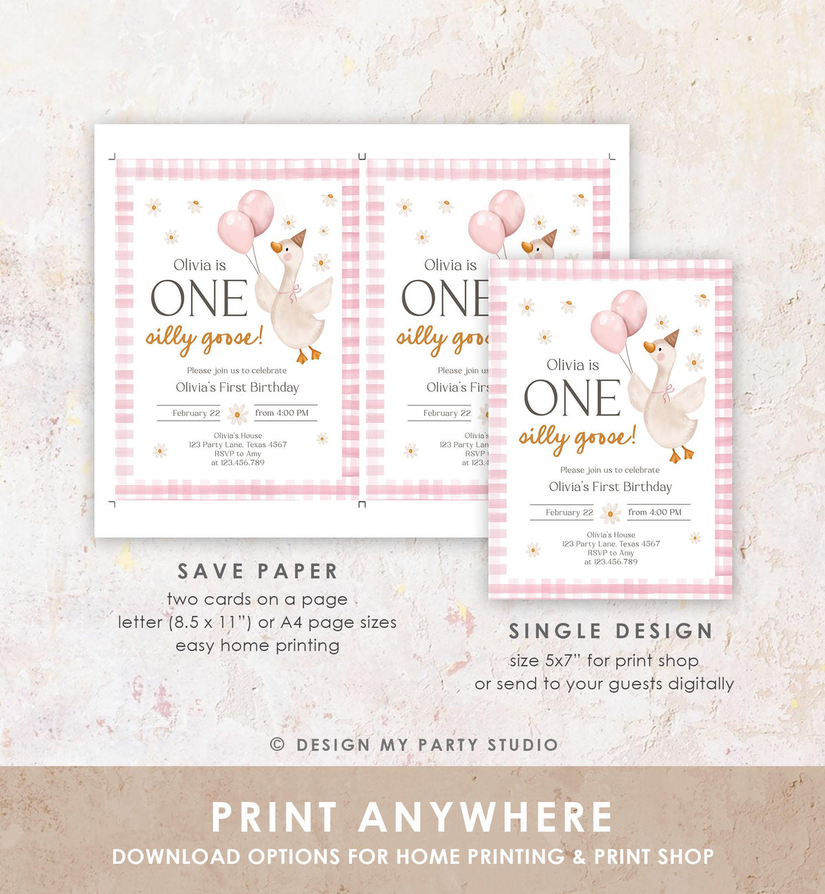 Editable Silly Goose Birthday Invitation Girl Spring Birthday Party Farm Goose 1st Birthday Daisy Digital Download Template Printable 0540