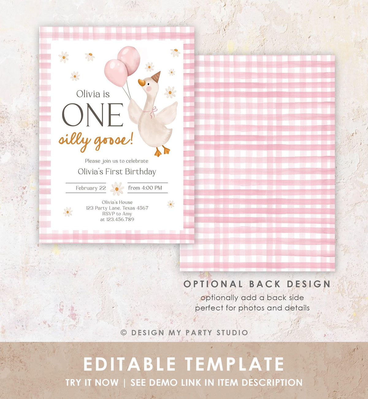 Editable Silly Goose Birthday Invitation Girl Spring Birthday Party Farm Goose 1st Birthday Daisy Digital Download Template Printable 0540