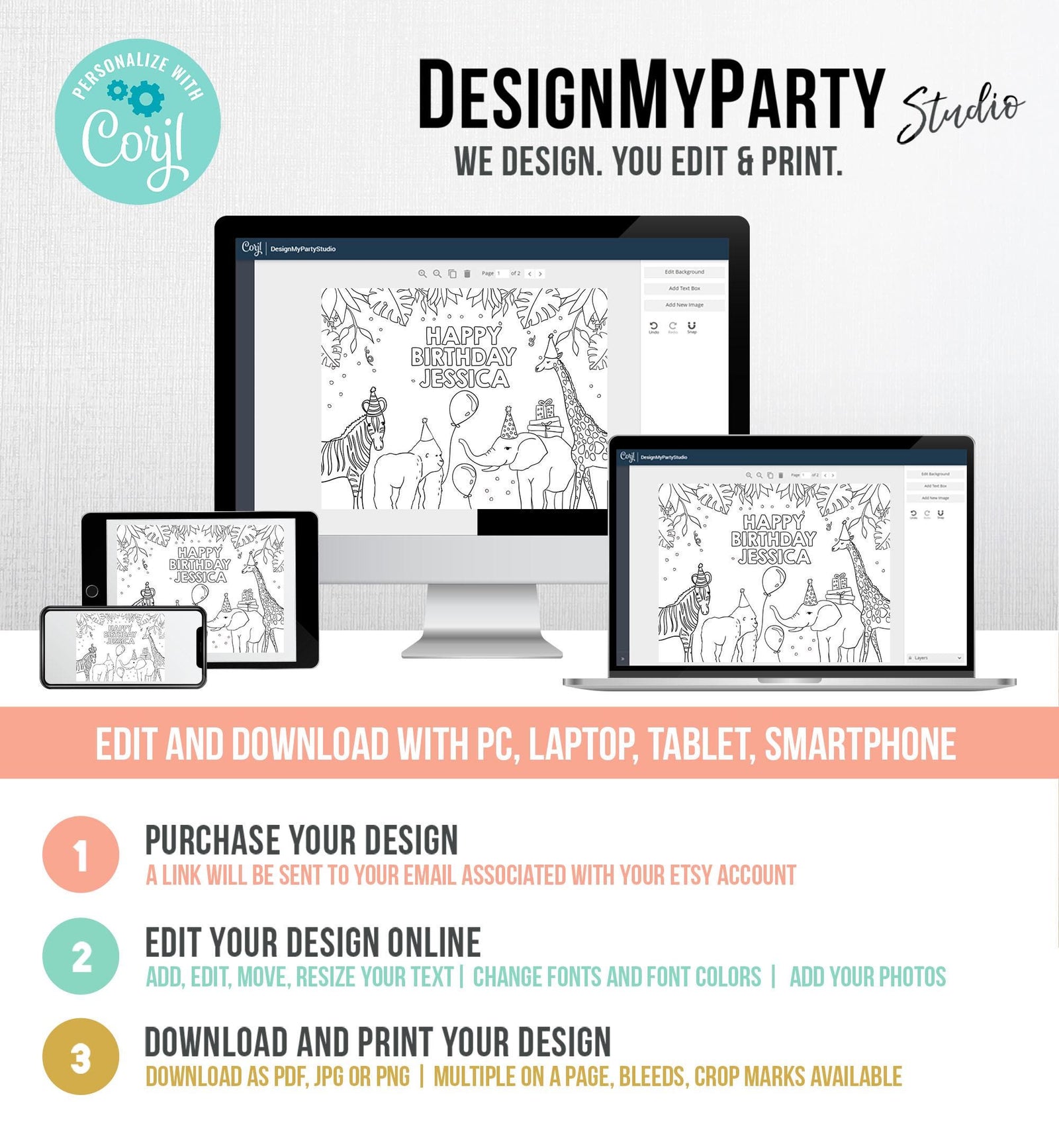 Editable Coloring Page Safari Animal Birthday Party Activity Game Wild One Birthday Zoo Jungle Party Animals Download Printable Digital 0142