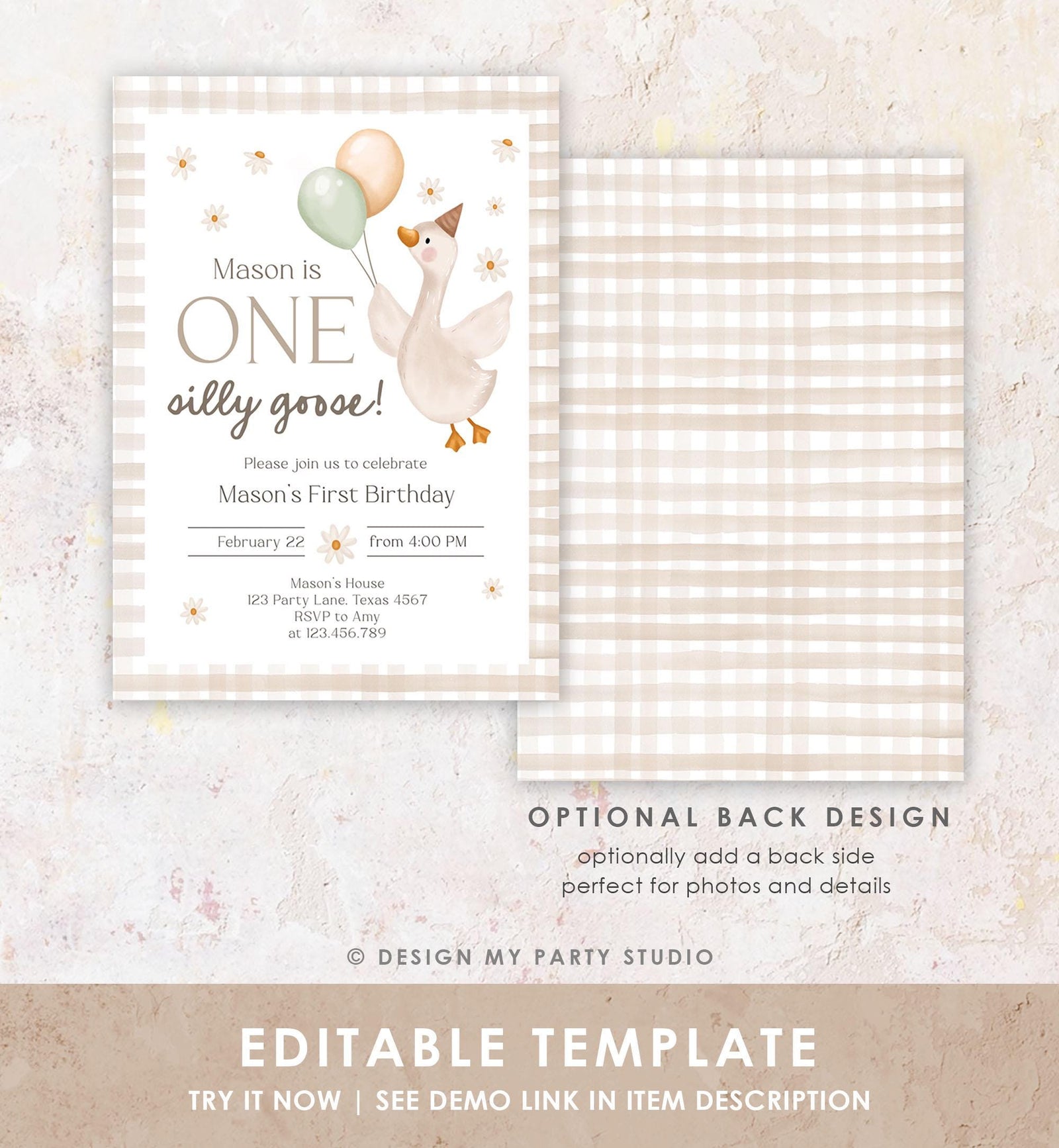 Editable Silly Goose Birthday Invitation Girl Boy Spring Birthday Party Farm Goose 1st Birthday Digital Download Template Printable 0540