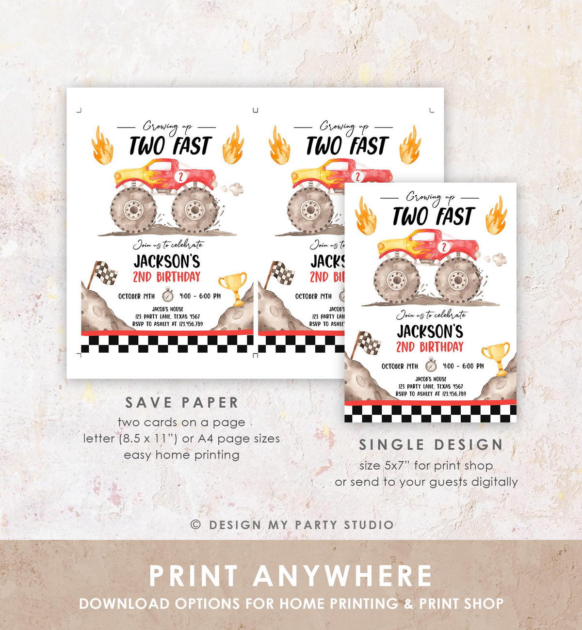 Editable Monster Truck Birthday Invitation Growing Up Two Fast Bash Red Second Birthday 2nd Boy Digital Download Template Printable 0541