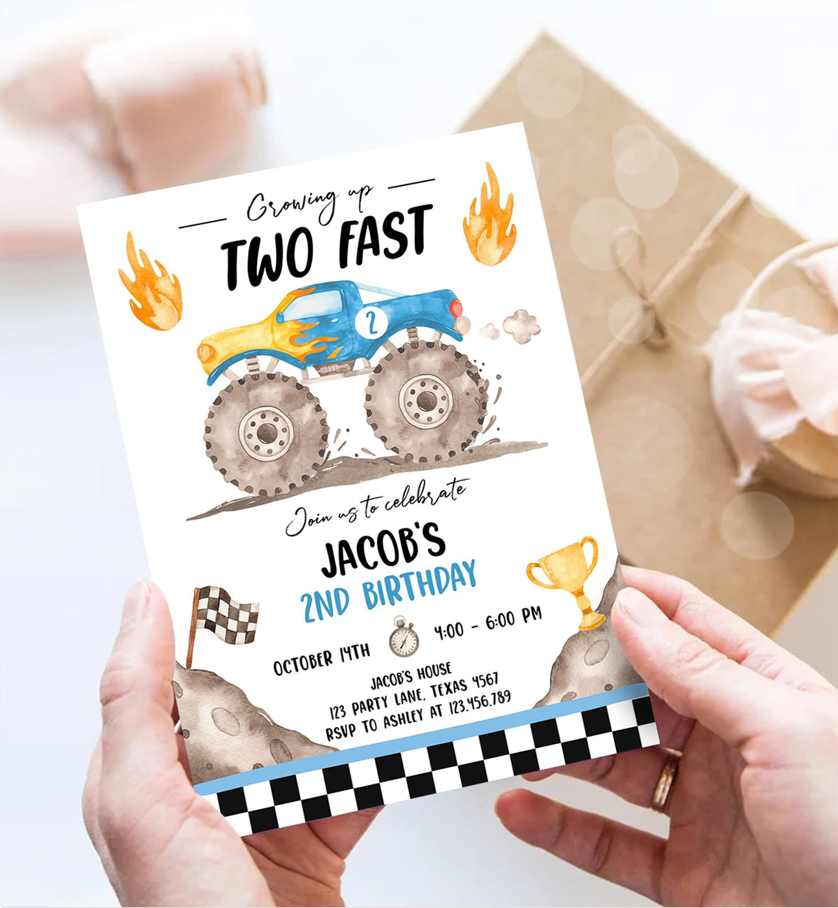 Editable Monster Truck Birthday Invitation Growing Up Two Fast Bash Blue Second Birthday 2nd Boy Digital Download Template Printable 0541